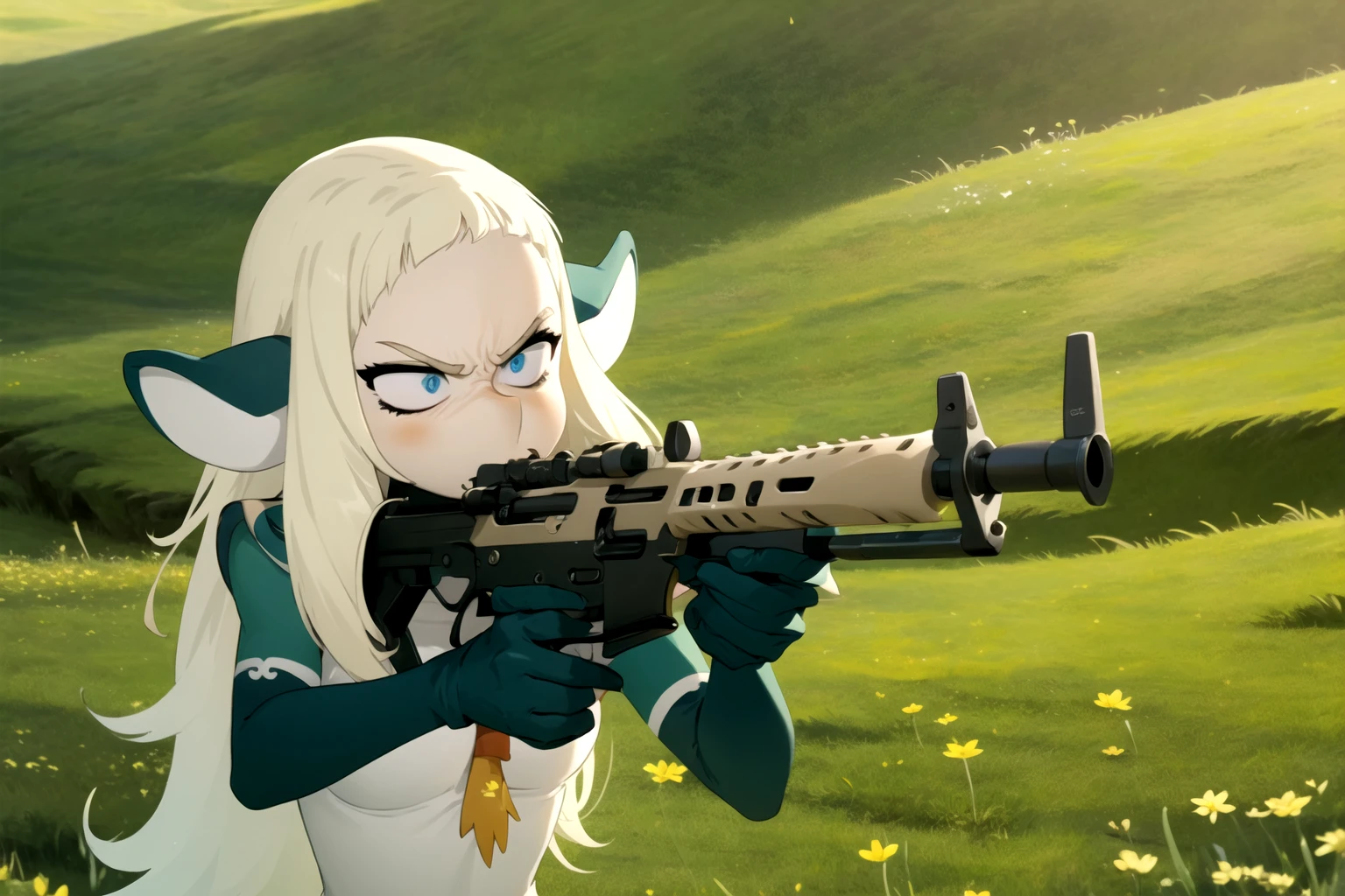 masterpiece, best quality, 1girl, bakarajurgen, m4a1, riffle, angry, meadow background <lora:BakaraJurgen:1> <lora:m4a1:0.8>
