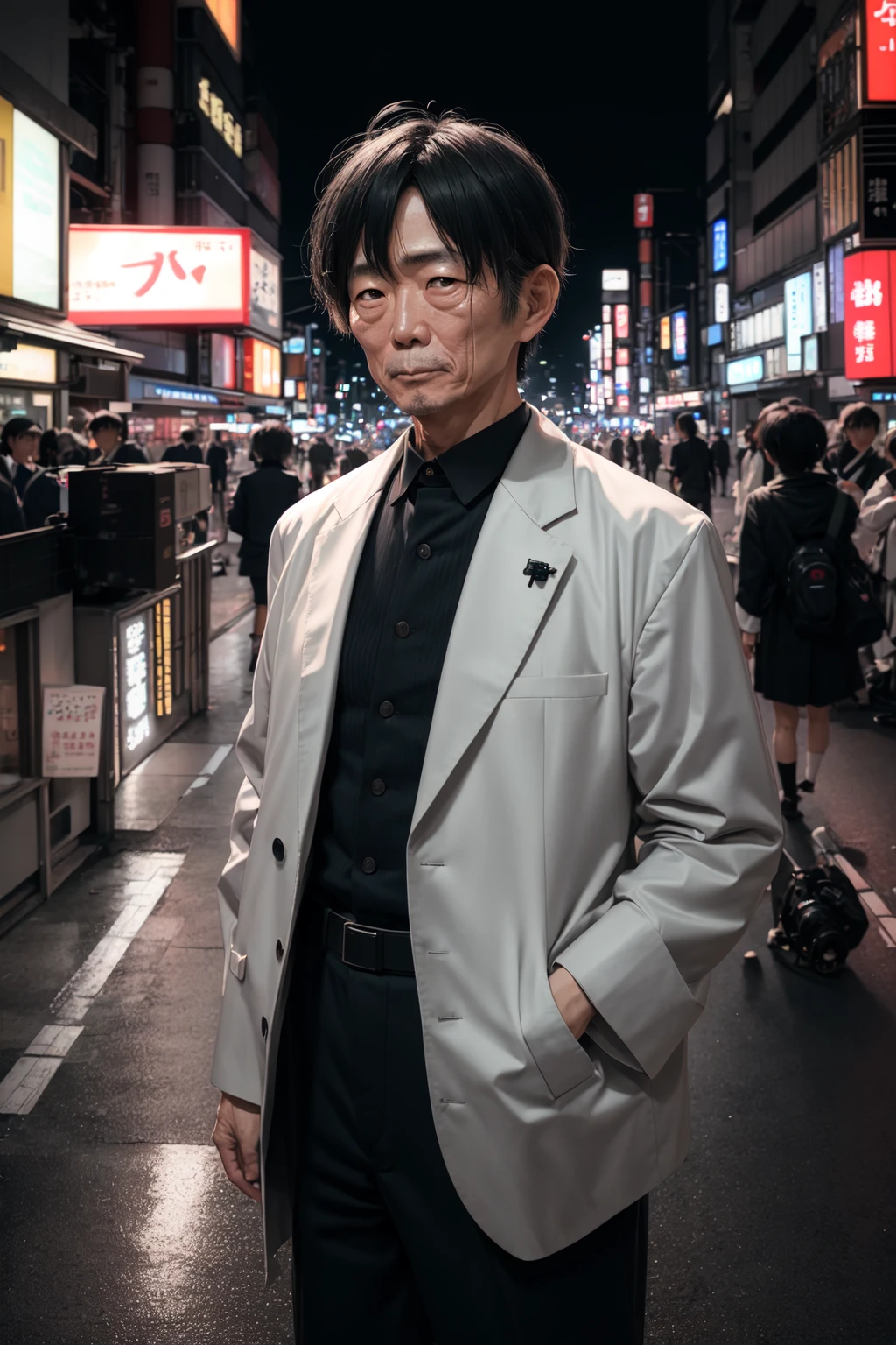 RAW photo, a portrait photo of 50 y.o japanese man in clothes, night tokyo, (high detailed skin:1.2), 8k uhd, dslr, soft lighting, high quality, film grain, Fujifilm XT3
