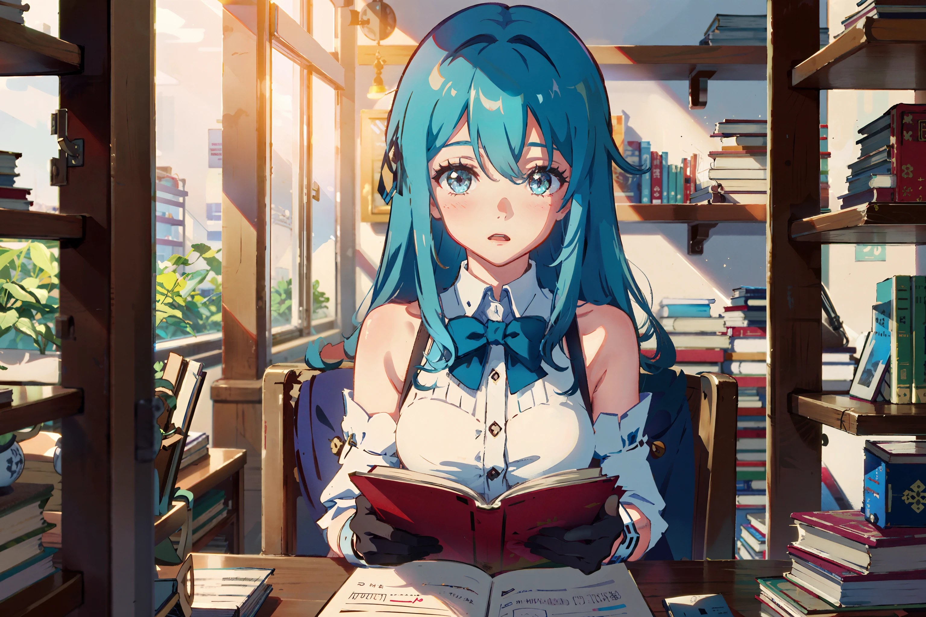 masterpiece, best quality,
1girl, bare shoulders, blue hair, blush, book, book stack, bookshelf, breasts, chair, cuffs, desk, gloves, hair between eyes, holding book, library, long hair, looking at viewer, open mouth, paper, solo