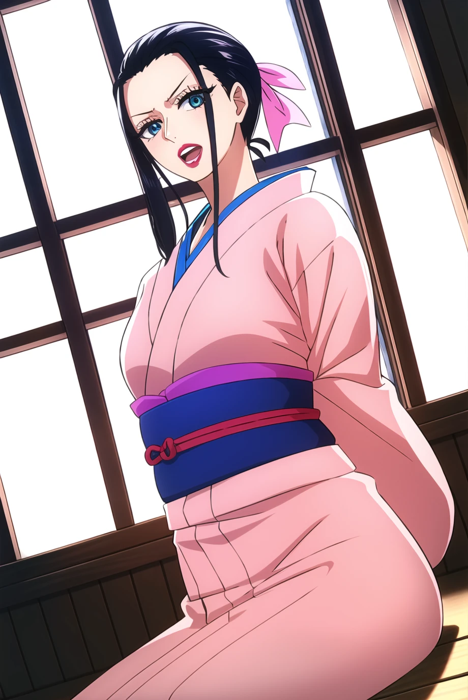 nico robin, wanostyle, 1girl, arms behind back, black hair, blue eyes, dutch angle, eyelashes, eyeliner, forehead, furrowed brow, hair ornament, hair pulled back, hair ribbon, hair stick, indoors, japanese clothes, kimono, large breasts, lips, lipstick, looking at viewer, makeup, open mouth, pink lips, pink ribbon, red kimono, ribbon, shibari, short hair, solo, window, ((masterpiece)) <lora:nico_robin_post_timeskip_offset:1> <lora:wanostyle_2_offset:0.8>