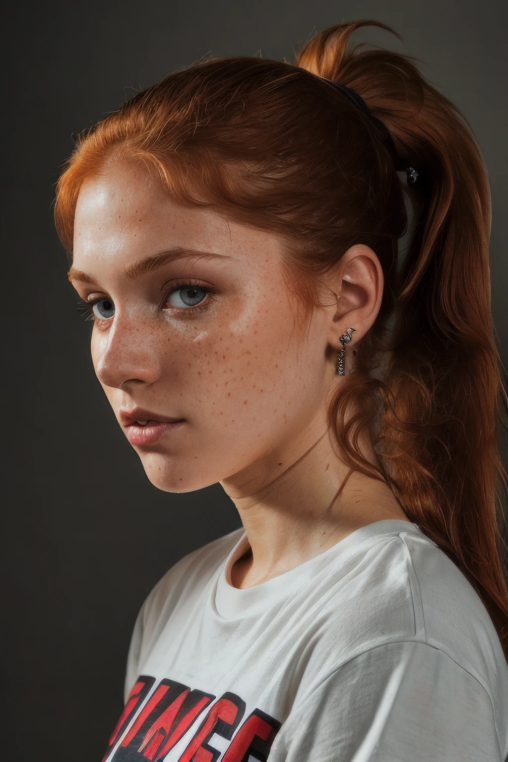 (8k, RAW photo, highest quality), beautiful girl, close up, t-shirt, (detailed eyes:0.8), (looking at the camera:1.4), (highest quality), (best shadow), intricate details, interior, (ponytail, ginger hair:1.3), dark studio, muted colors, freckles  <lora:epiNoiseoffset_v2Pynoise:2.4>