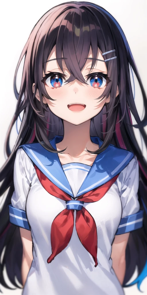 smile, red neckerchief,neckerchief, school uniform, egasumi, serafuku, looking at viewer, short sleeves, sailor collar, black hair, long hair, blue sailor collar, waves, multicolored eyes, 1girl, upper body, hair between eyes, bangs, shirt, white shirt, red eyes, solo, hair ornament, collarbone, blush,open mouth, hairclip, blue eyes, gradient eyes,arms behind back, <lora:mika_locon_v2a-000026:0.7>