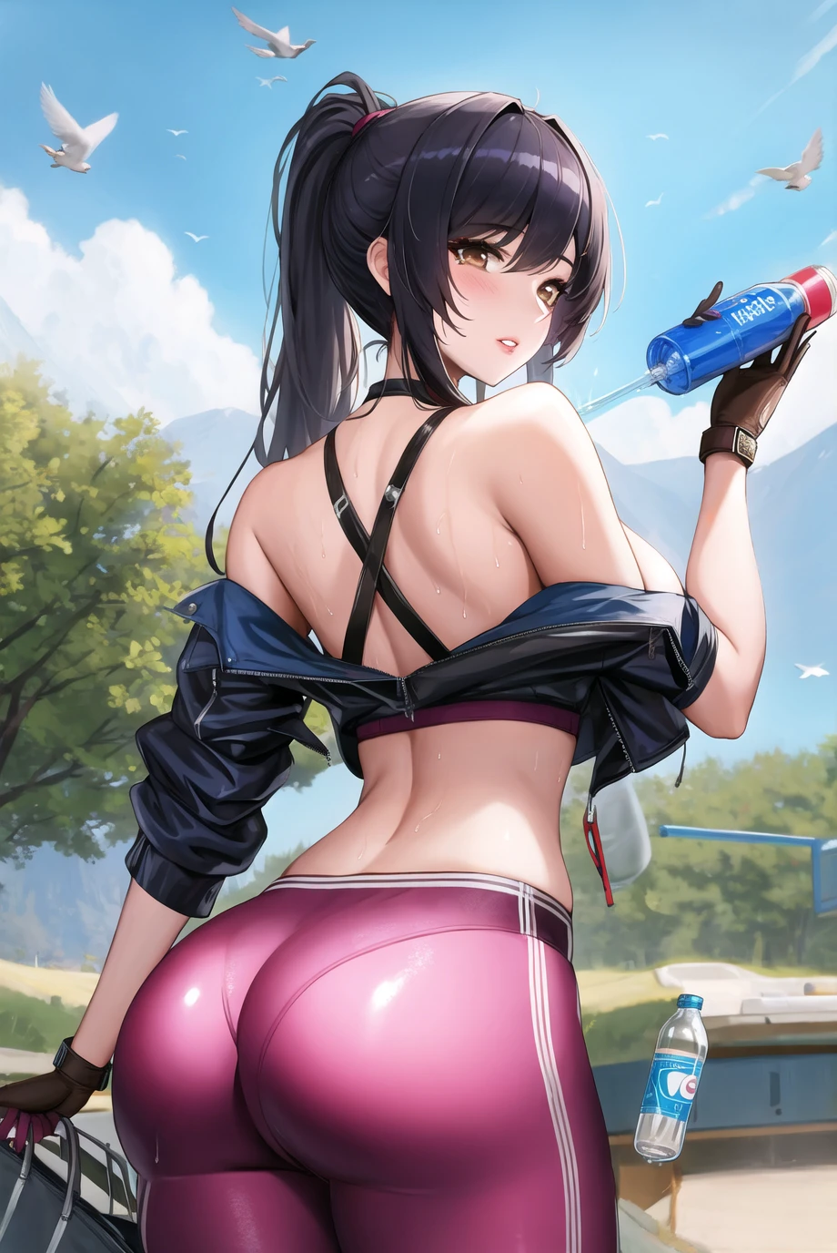 1girl, ass, bag, bare shoulders, bird, black hair, blue sky, bottle, brown eyes, day, from behind, gloves, ground vehicle, helmet, helmet removed, high ponytail, holding, jacket, large breasts, lips, long hair, looking at viewer, looking back, off shoulder, outdoors, pants, parted lips, ponytail, tsuki no i-min, shiranui mai, sky, solo, sports bra, sweat, tight pants, water bottle, yoga pants