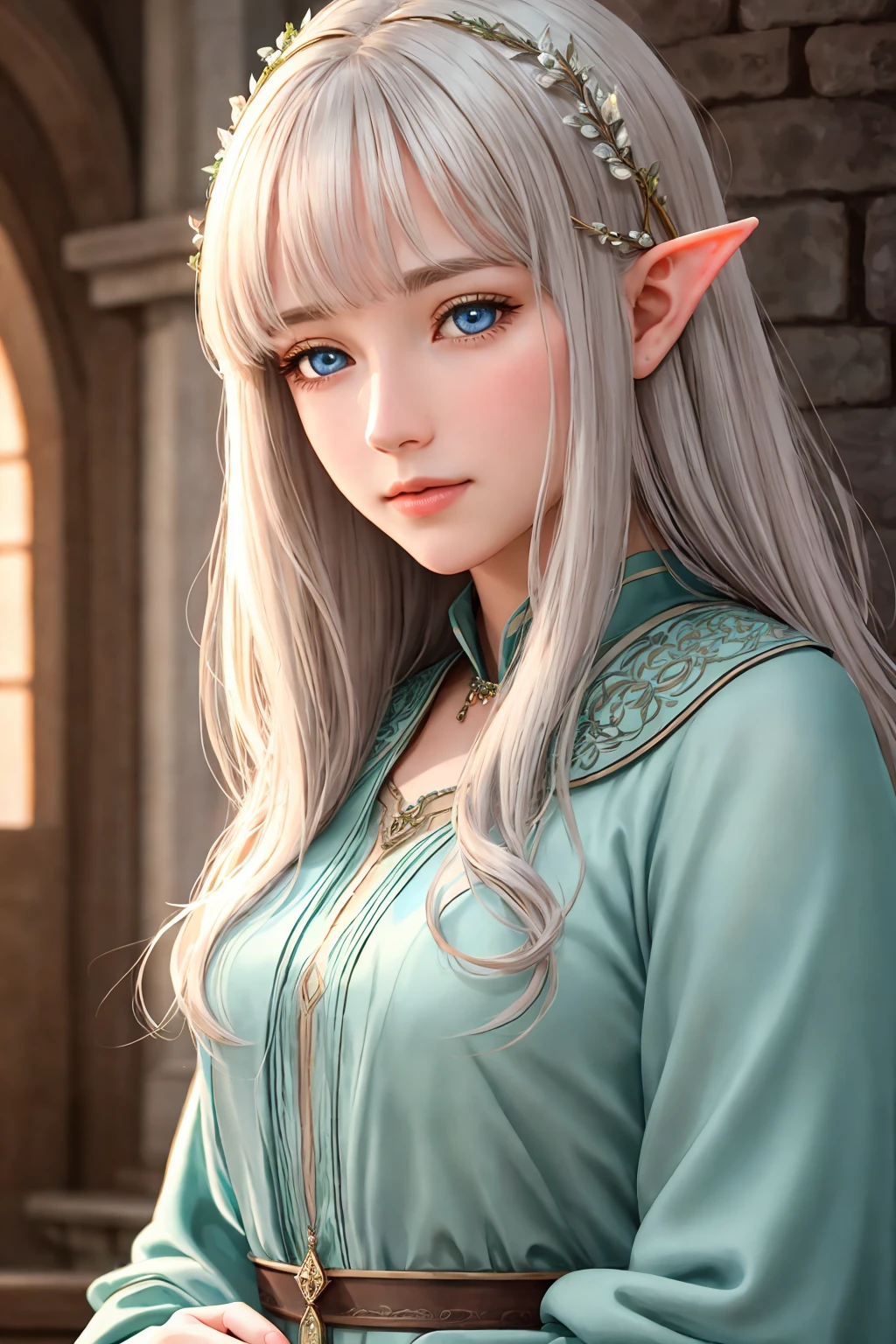 (detailed face, detailed eyes, clear skin, clear eyes), lotr, fantasy, elf, female, full body, looking at viewer, portrait, photography, detailed skin, realistic, photo-realistic, 8k, highly detailed, full length frame, High detail RAW color art, piercing, diffused soft lighting, shallow depth of field, sharp focus, hyperrealism, cinematic lighting