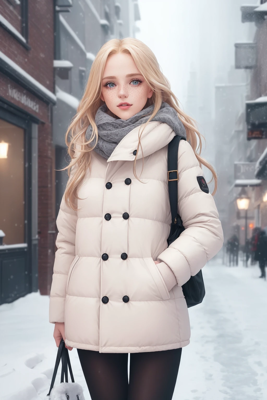 professional portrait photograph of a gorgeous Norwegian girl in winter clothing with long wavy blonde hair, sultry flirty look, (freckles), gorgeous symmetrical face, cute natural makeup, wearing elegant warm winter fashion clothing, ((standing outside in snowy city street)), stunning modern urban environment, ultra realistic, concept art, elegant, highly detailed, intricate, sharp focus, depth of field, f/1. 8, 85mm, medium shot, mid shot, (((professionally color graded))), bright soft diffused light, (volumetric fog), trending on instagram, hdr 4k, 8k