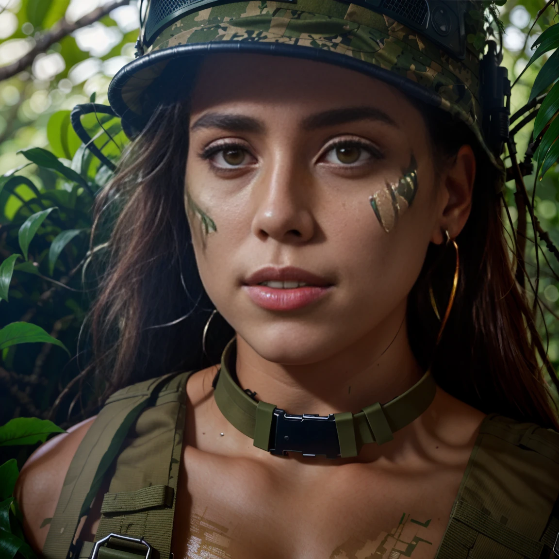 Closeup film still, of (young female SOF soldier from the 1980s), wearing tactical harness, (hiding in the jungle), (lush vegetation), (raining:0.8), dense jungle, toned body, beautiful face, seductive eyes, ((red war paint)), (highly detailed, hyperdetailed, intricate), edge lighting, prominent projected shadows, deep soft depth of field, photographed on a Fujifilm GFX 100, 24mm wide angle lens, F/8 aperture, sharp focus, (RAW), cinematic film still from First Blood