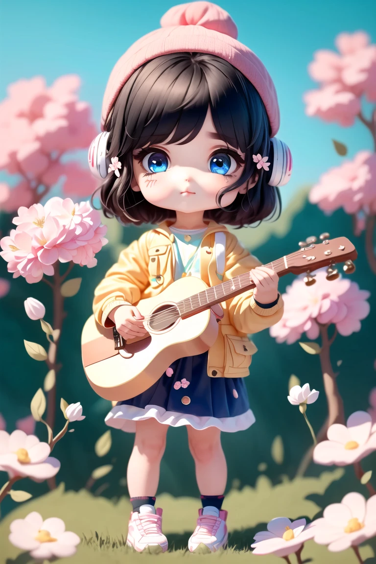 (masterpiece),(best quality),
(full body:1.5), chibi,1girl,solo,
instrument, flower, outdoors, playing instrument, music, guitar, hat, holding instrument, holding, dog, day, jacket, blush, tree, closed mouth, shirt, short hair, cherry blossoms, green headwear, blurry, brown hair, blush stickers, long sleeves, bangs, headphones, black hair, pink flower,
(beautiful detailed eyes),
<lora:blindbox_v2:1>,