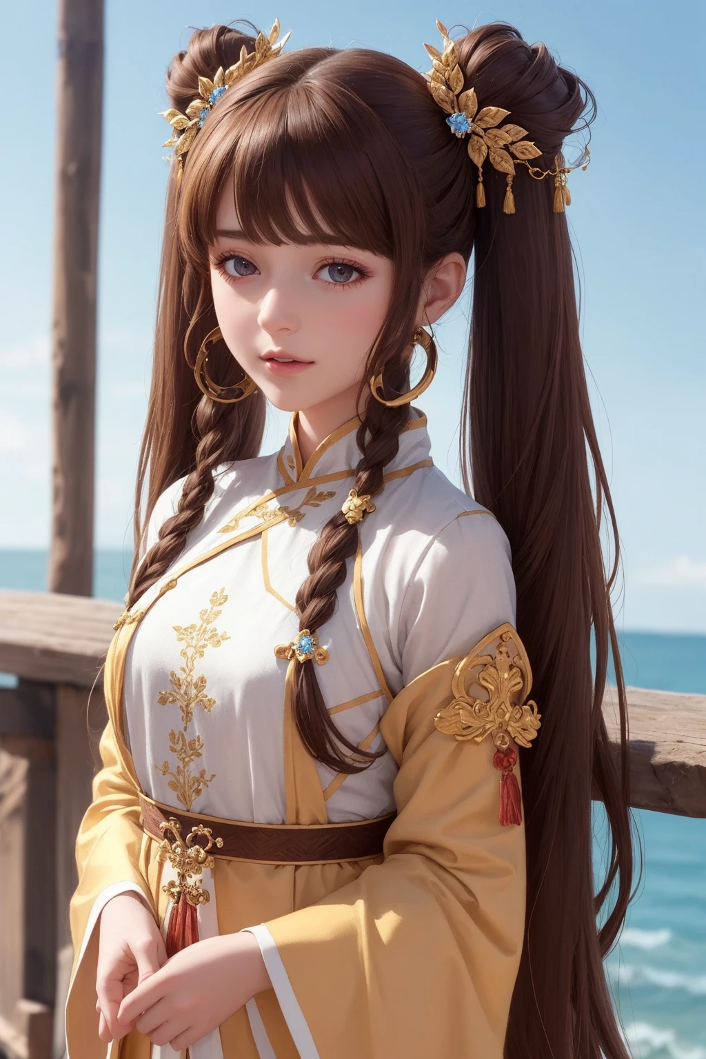 (best quality), (hyperrealistic), mh-yk, 1girl, solo, brown hair, brown eyes, , long hair, chinese clothes, twintails, outdoor, hair rings, dress, jewelry, bangs