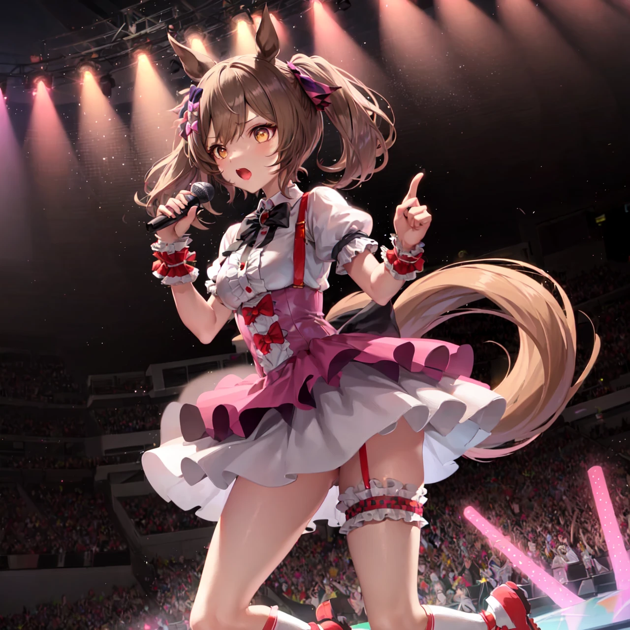 masterpiece, best quality,
smart falcon \(umamusume\),
full body, standing, stage lights, glowstick,
holding microphone, music, singing,
hair bow, hair ribbon, puffy short sleeves, wrist cuffs, wrist scrunchie, collared shirt, white shirt, suspenders, black bowtie, center frills, back bow, suspender skirt, pink skirt, high-waist skirt, frilled skirt, dress, bridal garter, thigh strap, frilled socks, red socks, red footwear, sneakers,
<lora:smart_falcon_loha:0.6>
