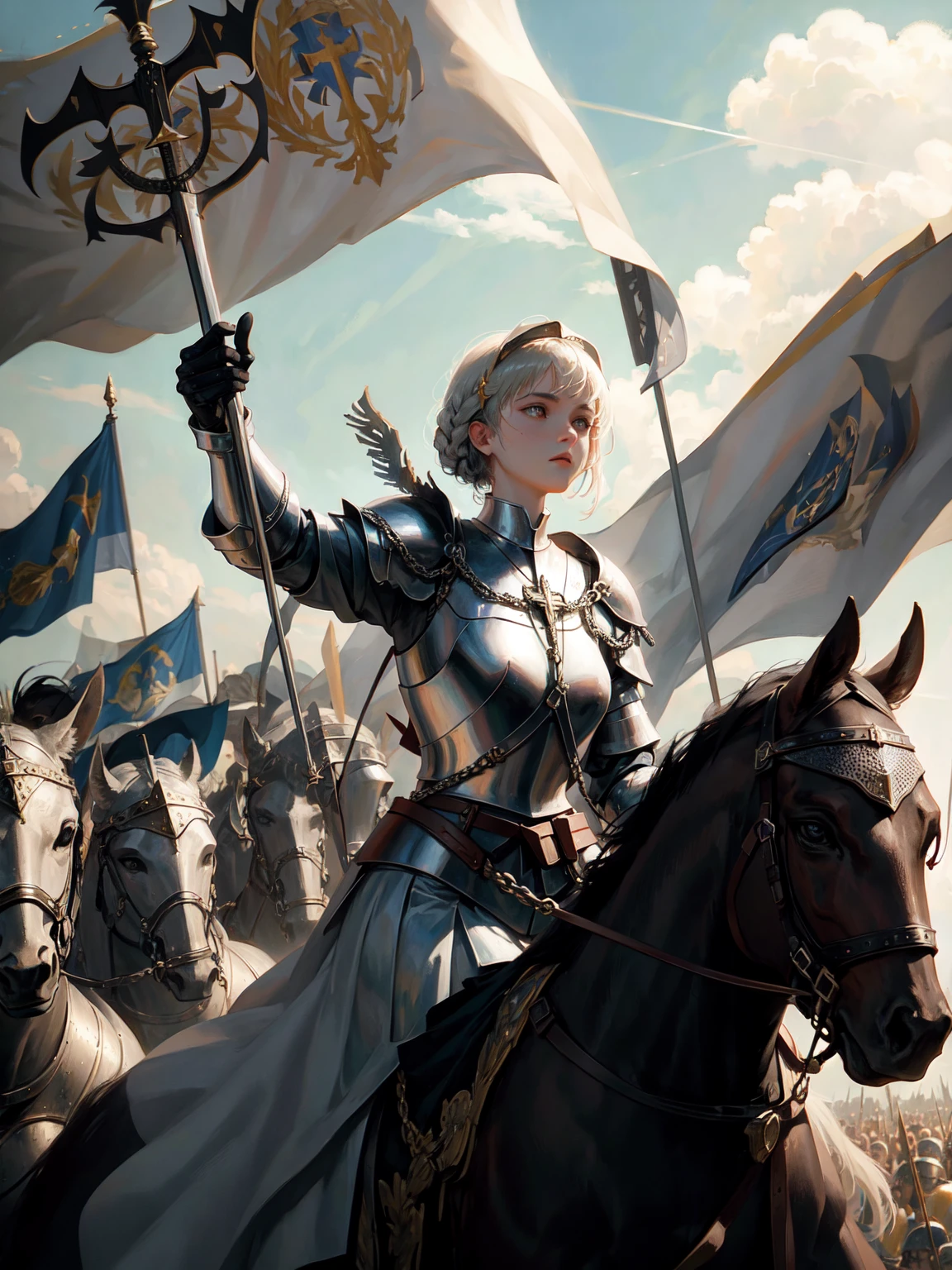 masterpiece, best quality, Joan of Arc leading her army into battle, heroic, bright, moody, intense