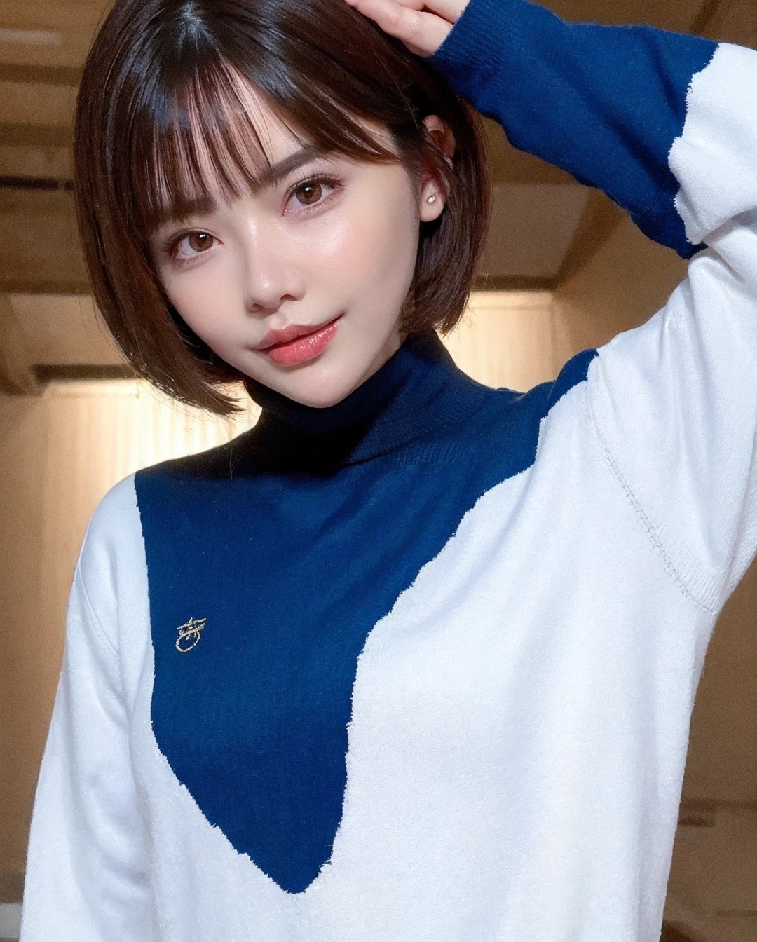 best quality, photorealistic, 8k, high res, 1girl, woman, (skindentation), (professional lighting), (portrait:0.6), gorgeous, brunette, ((white plain background:1.2)), (small breast, blue polo-neck sweater, parted bangs:1.5), (looking at the viewer), 1girl sleepy eyes looking at viewer:1.5, photorealistic, (bokeh), (portait:0.6), gorgeous, (dynamic pose:1.2), smile:1.9, <lora:Eimi:0.75>