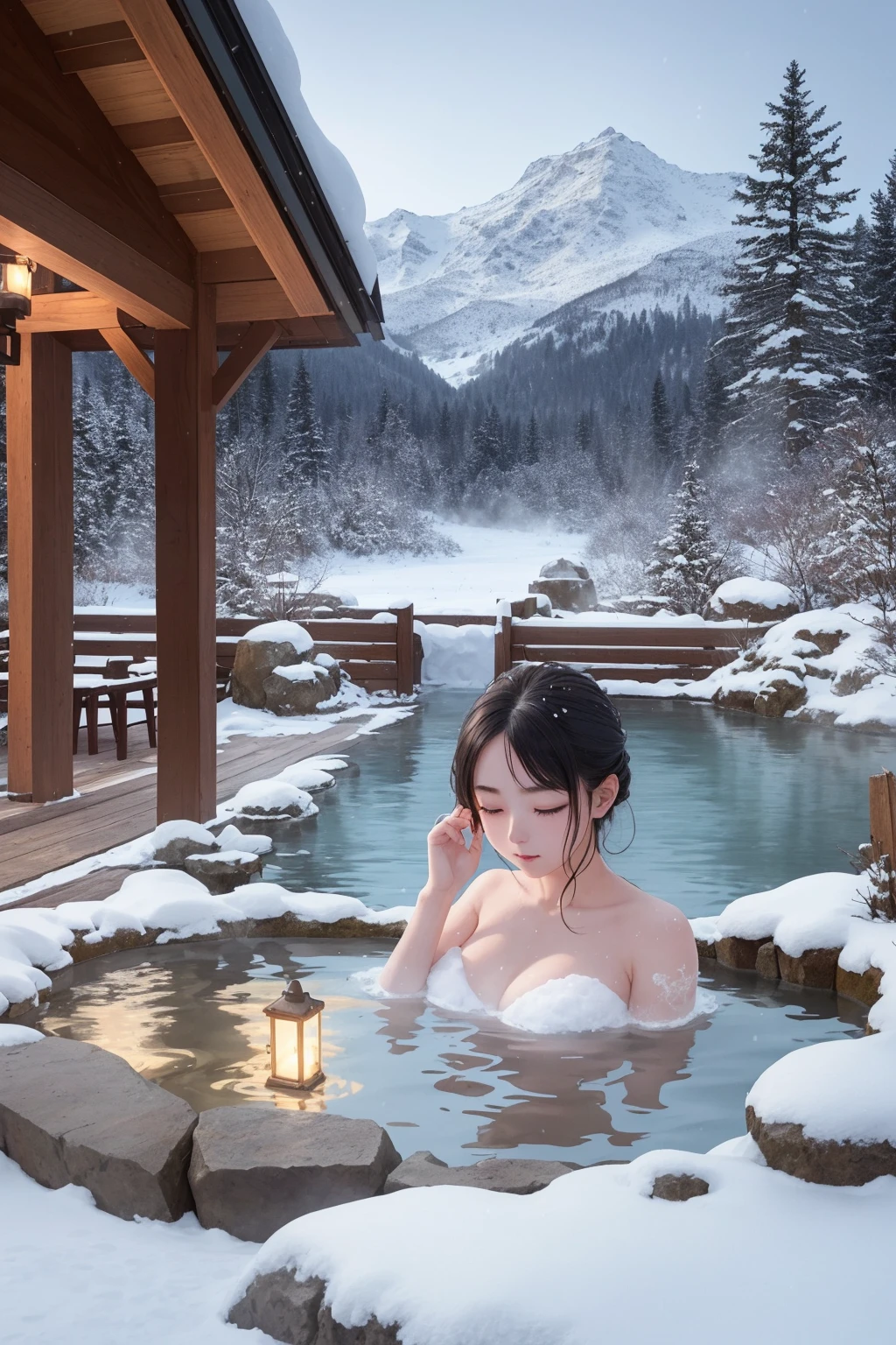 Imagine a young woman on a beautiful snowy night in March, leisurely soaking in a natural hot spring. The hot spring is surrounded by greenery and rising steam. The girl's expression is calm as she soaks in the hot water with her eyes closed and her muscles relaxed. In the background are beautiful snow-capped mountains. The girl is alone, pensive, enjoying the hot spring.