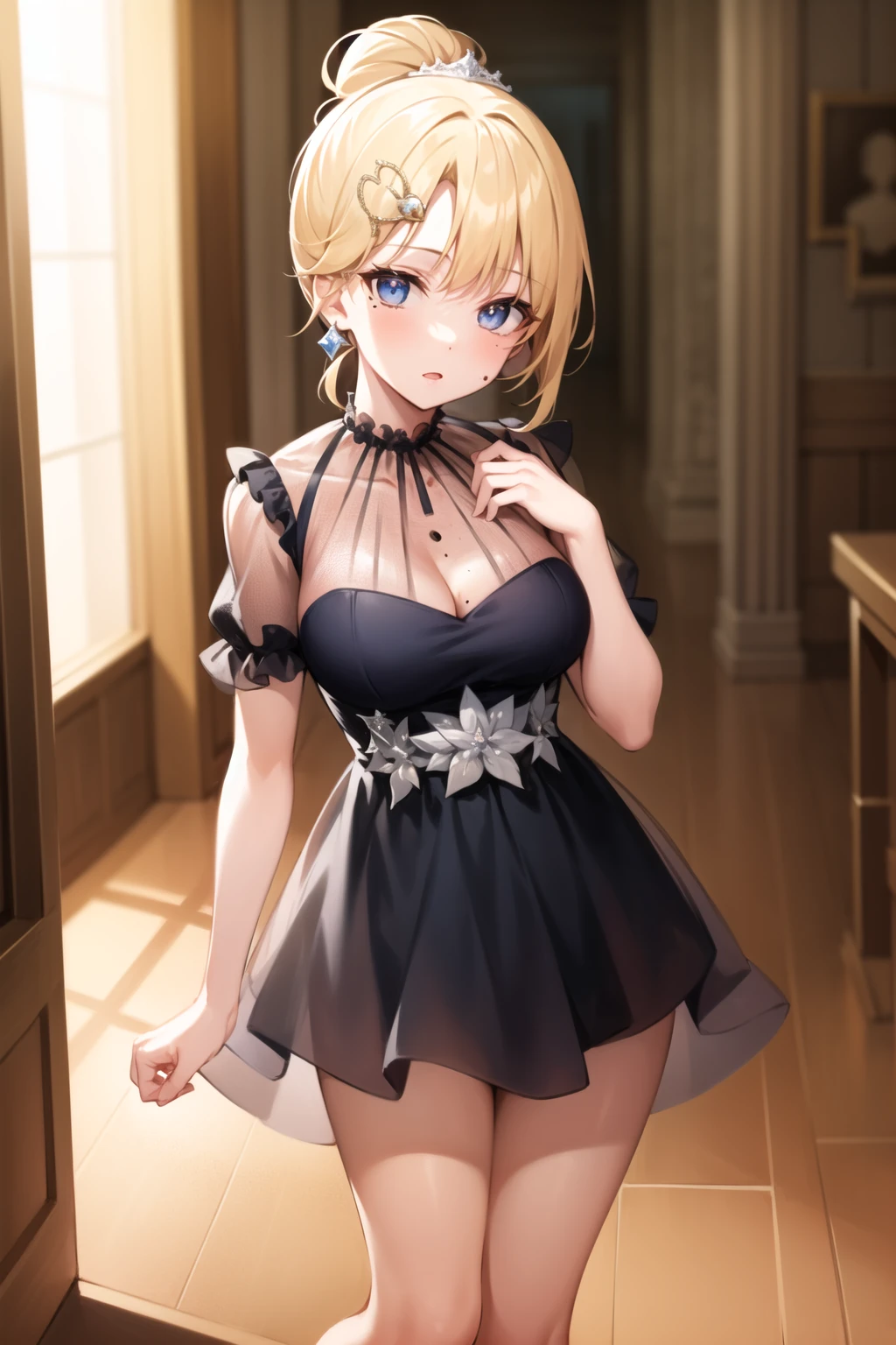 2d, masterpiece, best quality, anime, highly detailed face, highly detailed eyes, highly detailed background, perfect lighting, full body, 1girl, solo, amelia watson, formal, indoors, black dress, cleavage, mole on breast, tiara, jewelry, hair bun, frilled skirt, see-through, bare legs <lora:amelia-07:1>