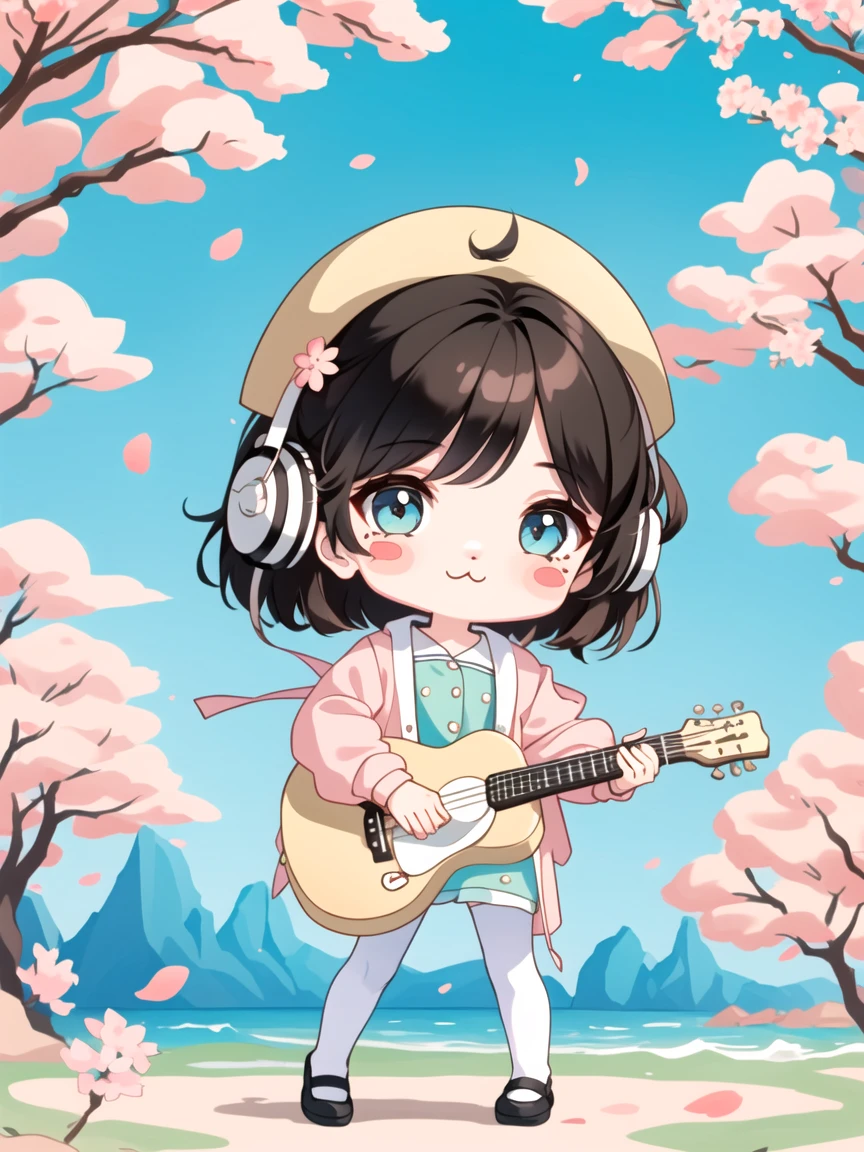 (masterpiece),(best quality),
(full body:1.5), chibi,1girl,solo,
flower, outdoors, playing instrument, music, guitar, hat, holding instrument, jacket, blush, tree, :3, shirt, short hair, cherry blossoms, green headwear, blurry, brown hair, blush stickers, long sleeves, bangs, headphones, black hair, pink flower,
(beautiful detailed face),(beautiful detailed eyes),
<lora:blindbox_v2:1>,