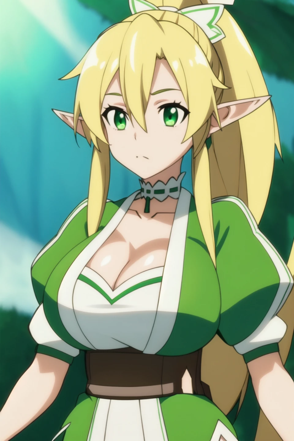 leafa, anime art style, 1girl, solo, long_hair, breasts, looking_at_viewer, blonde_hair, large_breasts, hair_ornament, cleavage, hair_between_eyes, closed_mouth, green_eyes, upper_body, ponytail, braid, choker, pointy_ears, puffy_sleeves, twin_braids, elf