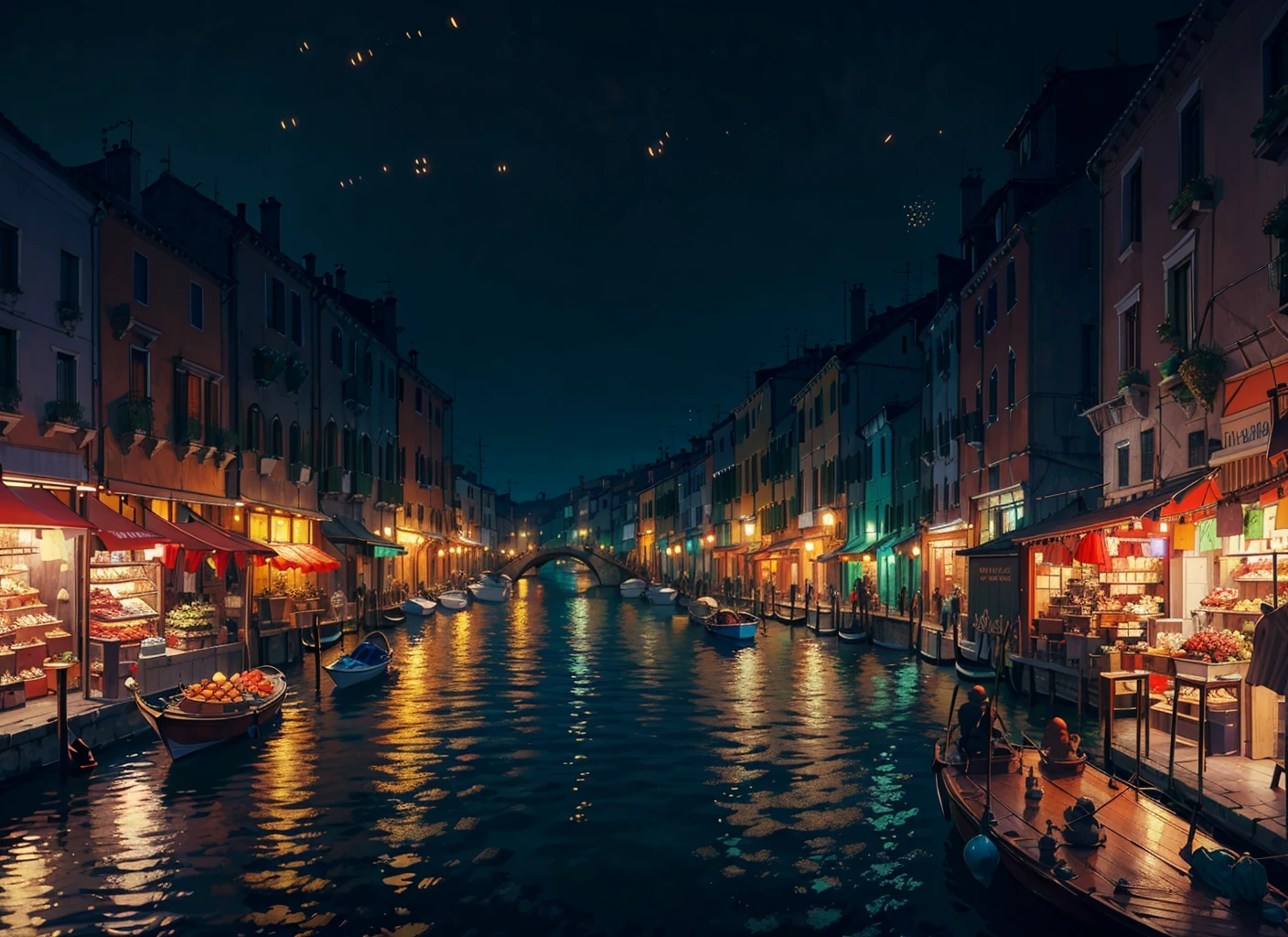 masterpiece, best quality, ultra-detailed, illustration, Mediterranean Sea, (Middle Ages), (Fantasy), venice,Port Town, Beautiful Sea, Ships, Vessels, Bazaars, Markets, (Crowds of People), Cityscapes, Rivers, Fantastic Scenery, Docks, Coasts, Ports,
((masterpiece, best quality)), (night:1.3), very dark , ray_tracing, unreal, dimly lit, low key, (dark:1.5),
(no humans:1.4)