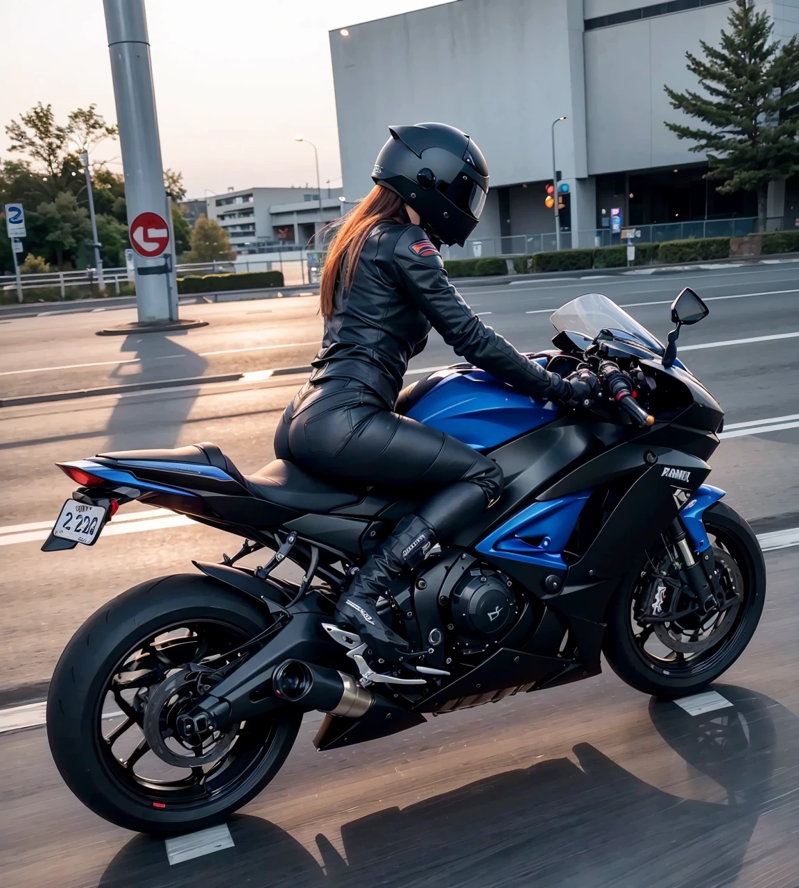 <lora:yhmotorbikev0.1:0.45> far shot, closed - up, a cyborg wearing a black cyberhelmet, in black jacket and blue jeans riding a blue and white yhmotorbike vwith high speed on a city street, (long leg), feet on the ground, very detailed