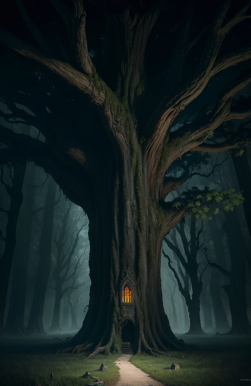 focus on an adorable, cute hidden creature in the tree roots, lonely aging tree in the dead forest, black birds flock, In the style of zdzislaw beksinski, by Alexander Jansson, by Max Weber formal decorated ornate, intricately detailed, minute lines, insane details --auto