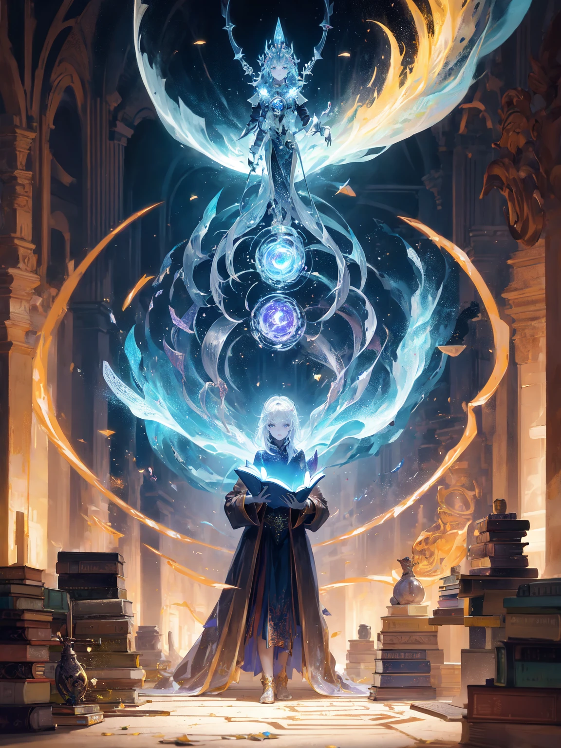 masterpiece, best quality, searching for the ancient tome of spells, infinite library, grand, mystical, magical, arcane, glow, glowing, fantasy