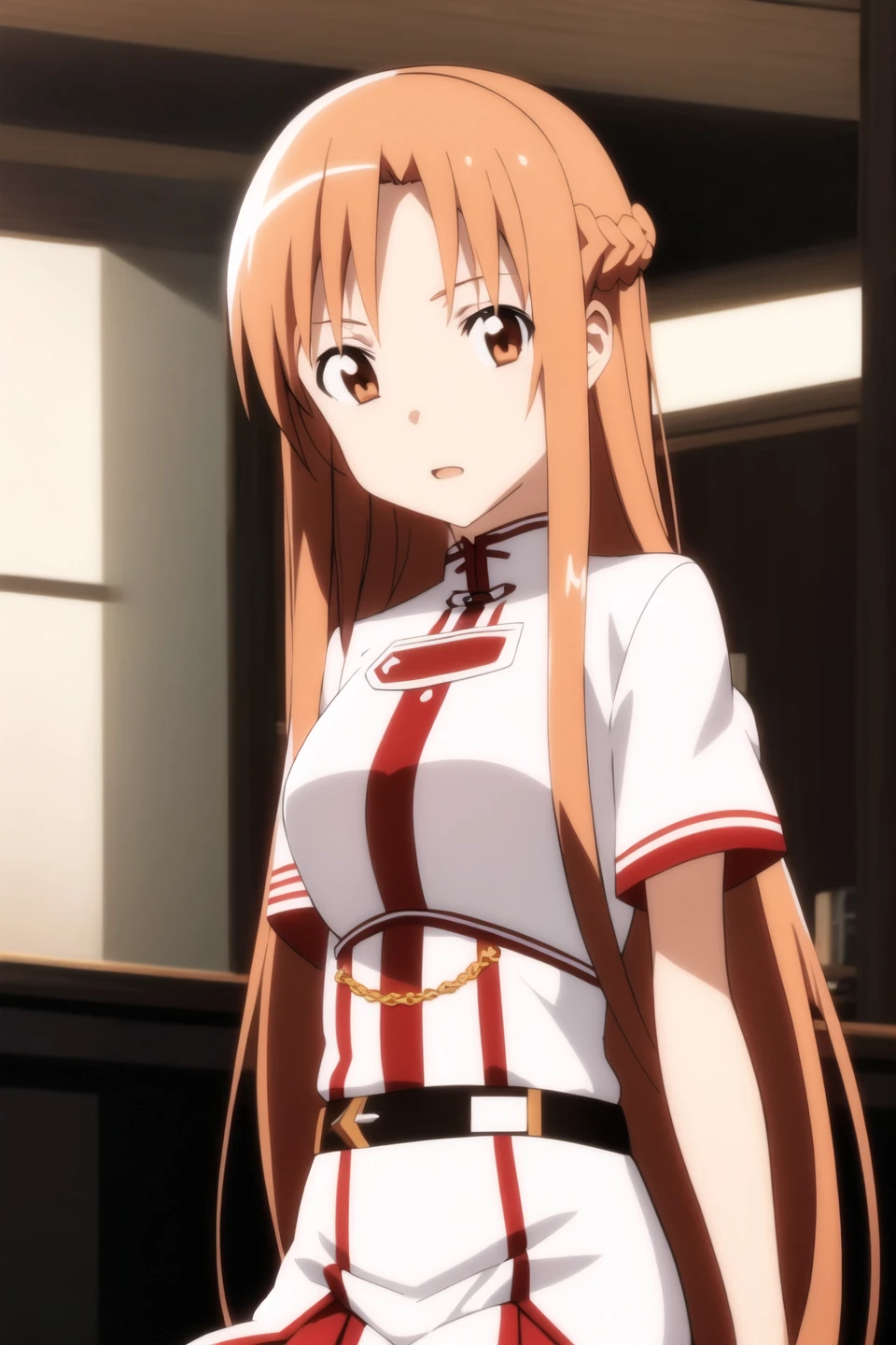 asuna, anime art style, 1girl, solo, long_hair, skirt, brown_hair, brown_eyes, very_long_hair, belt, crossed_arms