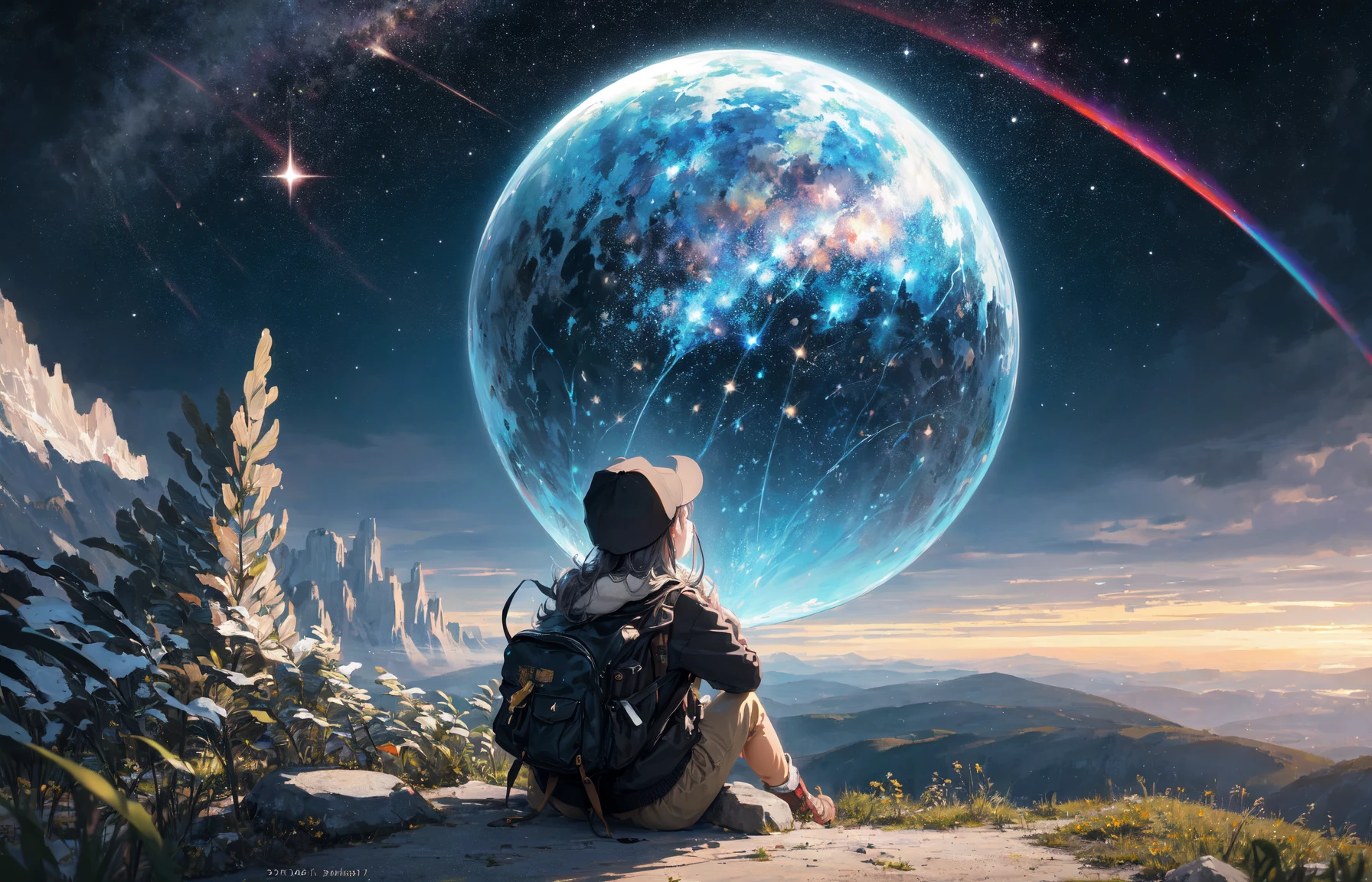 masterpiece, best quality, ultra-detailed, illustration, 1girl, solo, outdoors, camping, night, mountains, nature, stars, moon, bonfire, tent, twin ponytails, green eyes, cheerful, happy, backpack, sleeping bag, camping stove, water bottle, mountain boots, gloves, sweater, hat, flashlight, forest, rocks, river, wood, smoke, shadows, contrast, clear sky, constellations, Milky Way, peaceful, serene, quiet, tranquil, remote, secluded, adventurous, exploration, escape, independence, survival, resourcefulness, challenge, perseverance, stamina, endurance, observation, intuition, adaptability, creativity, imagination, artistry, inspiration, beauty, awe, wonder, gratitude, appreciation, relaxation, enjoyment, rejuvenation, mindfulness, awareness, connection, harmony, balance, texture, detail, realism, depth, perspective, composition, color, light, shadow, reflection, refraction, tone, contrast, foreground, middle ground, background, naturalistic, figurative, representational, impressionistic, expressionistic, abstract, innovative, experimental, unique