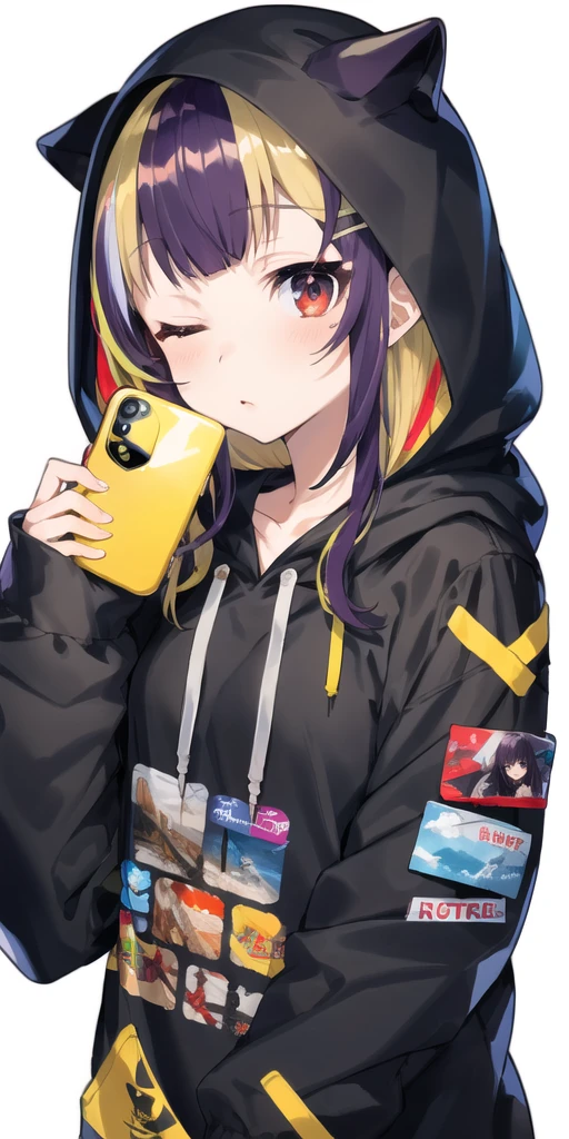 1girl, blonde hair, blush, cellphone, closed mouth, colored inner hair, holding, holding phone, hood, hoodie, lantern, long hair, long sleeves, looking at viewer, multicolored hair, one eye closed, paper lantern, phone, print hoodie, purple hair, red eyes, simple background, smartphone, solo, two-tone hair, unmoving pattern, upper body, white background, <lora:mika_locon_v2a-000026:0.7>