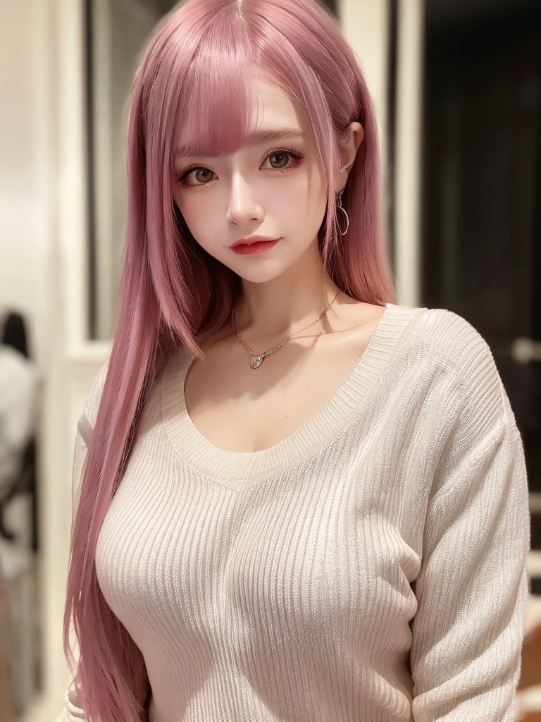1 woman,solo,upper body,best quality,ultra high res, photorealistic,1girl, masterpiece, best quality, large breasts,upper body,long hair,pink hair
 white sweater,
(looking at viewer),
  <lora:mix:1>,