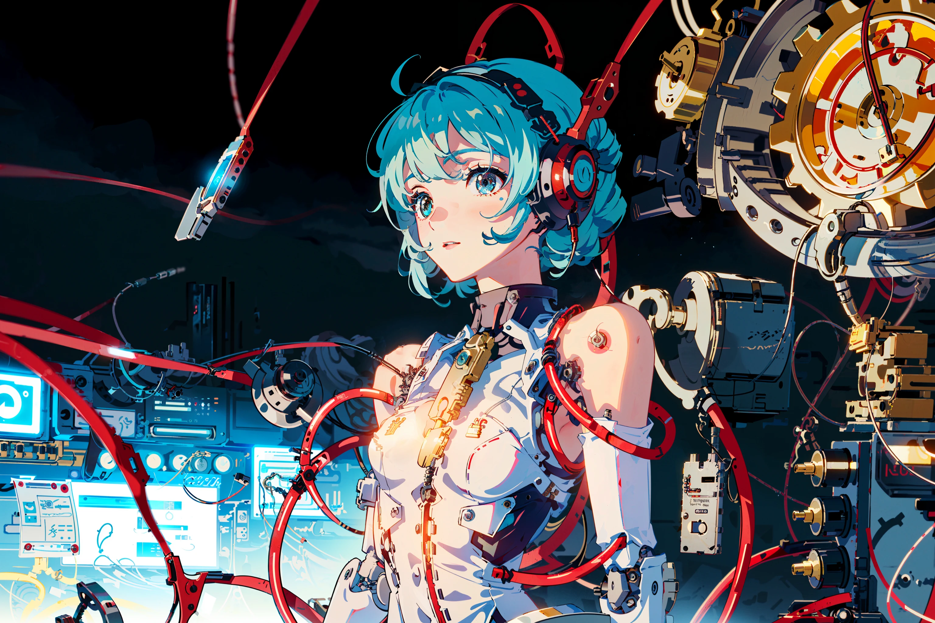 (((masterpiece))), (((best quality))), ((ultra-detailed)), (highly detailed CG illustration), ((an extremely delicate and beautiful)),(detailed face),((1 mechanical girl locked on a hanger:1.5))),(transparent surfaces and skins:1.45),(many mechanical gears and electronic components inside the body:1.4),(exposed mechanical organs:1.5),(mechanical vertebra and cervial:1.3),petite,solo,((bust shot:1.3)),expressionless,(wires and cables attaching to head and body:1.4),small breasts,((mechanical arms of surgical machine around:1.2)),(Circuit boards:1.4),(character focus:1.3),science fiction