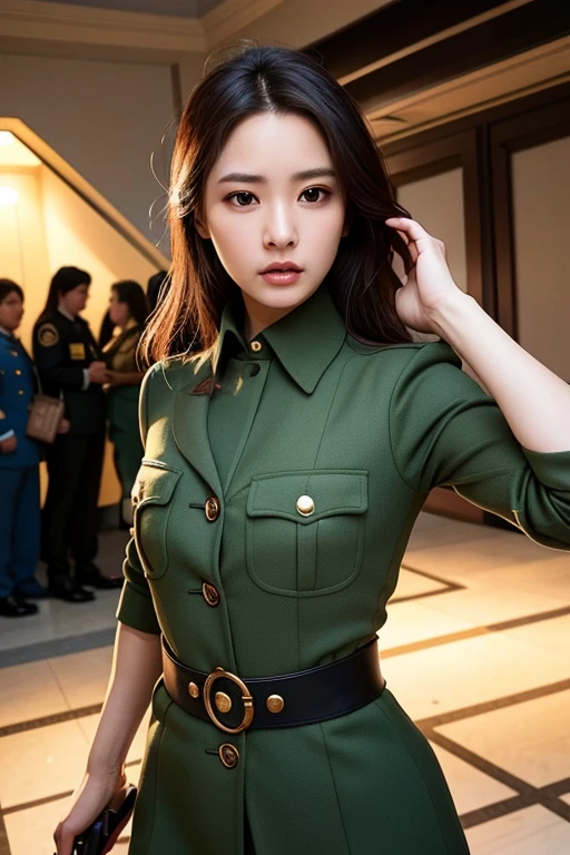 Kpop idol, photorealistic, detailed face, small breasts, looking at viewer, In this photo-realistic image, we see a beautiful lady fighting in World War II. She is dressed in a navy military uniform and holds a weapon, ready to engage in battle. Her action pose suggests that she is skilled and experienced in combat. The setting is a battlefield with smoke and explosions in the background, adding to the gritty atmosphere of war. The image is created in a realistic style, with attention to historical accuracy and detail. The lady's uniform and weapon are modeled after those used in World War II, and the scene captures the chaos and danger of the time. The image portrays the lady as a strong and capable fighter with confident smile, representing the many women who played important roles in the war effort.