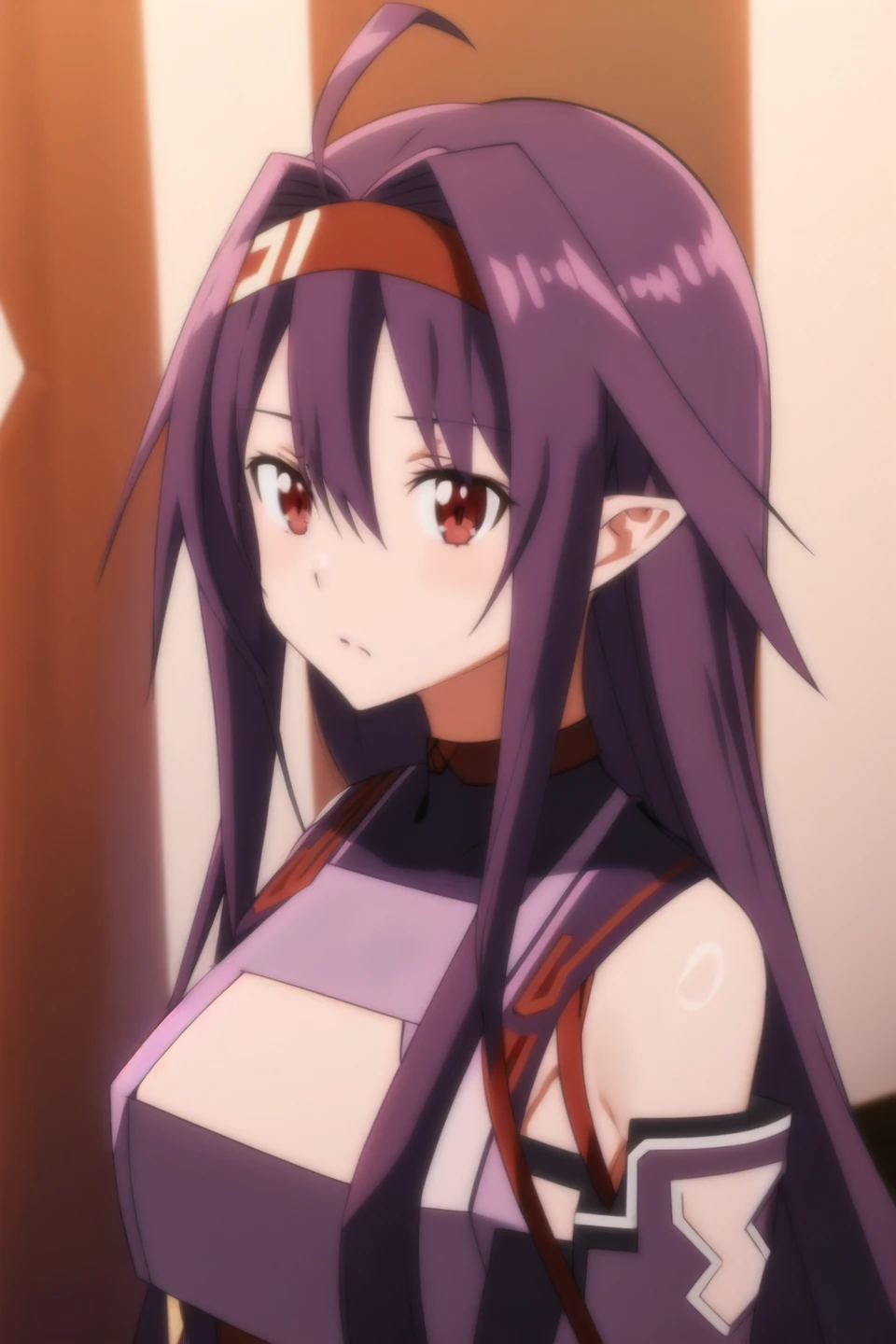 yuuki, anime art style, 1girl, solo, long_hair, looking_at_viewer, open_mouth, red_eyes, bare_shoulders, very_long_hair, upper_body, purple_hair, ahoge, hairband, detached_sleeves, armor, headband, breastplate, red_hairband, purple_sleeves