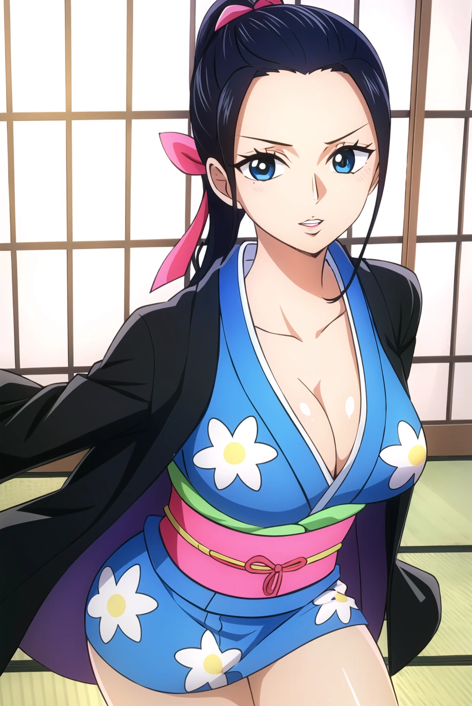 nico robin, wanostyle, 1girl, black hair, black jacket, blue eyes, breasts, cleavage, collarbone, hair ribbon, jacket, jacket on shoulders, japanese clothes, kimono, large breasts, lips, long hair, looking at viewer, obi, parted lips, ponytail, print jacket, print kimono, red ribbon, ribbon, sash, solo, thighs, indoors, white kimono, ((masterpiece)) <lora:nico_robin_post_timeskip_offset:1> <lora:wanostyle_2_offset:0.8>