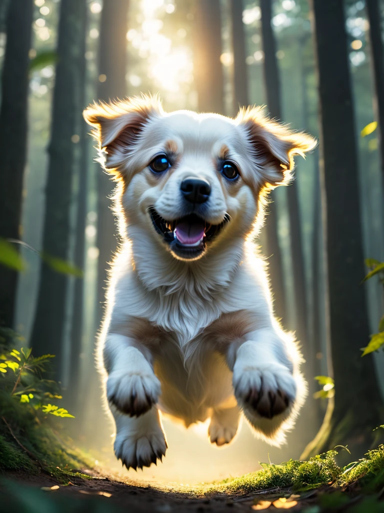 close up photo of a very cute jumping puppy in the forest, soft volumetric lights, (backlit:1.3), (cinematic:1.2), intricate details, (ArtStation:1.3), Rutkowski