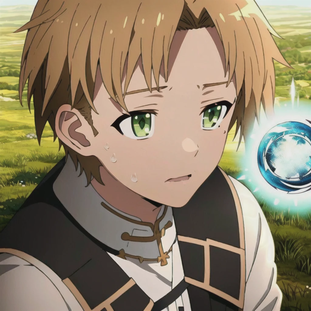 1boy, rudeusg, green eyes, <lora:RudeusGrayrat:1>, (exceptional, best aesthetic, new, newest, best quality, masterpiece, extremely detailed:1.2), magic, mushoku tensei, blonde hair, short hair,