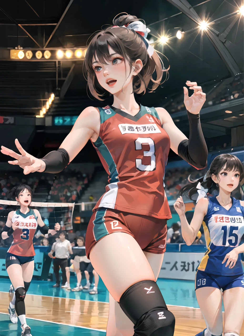 1girl, volleyball uniform, running, thighs, single thighhigh, hands up , happy,perfect face, detailed eyes, detailed lighting, indoor stadium, audience, crowd(masterpiece, high quality:1.2)