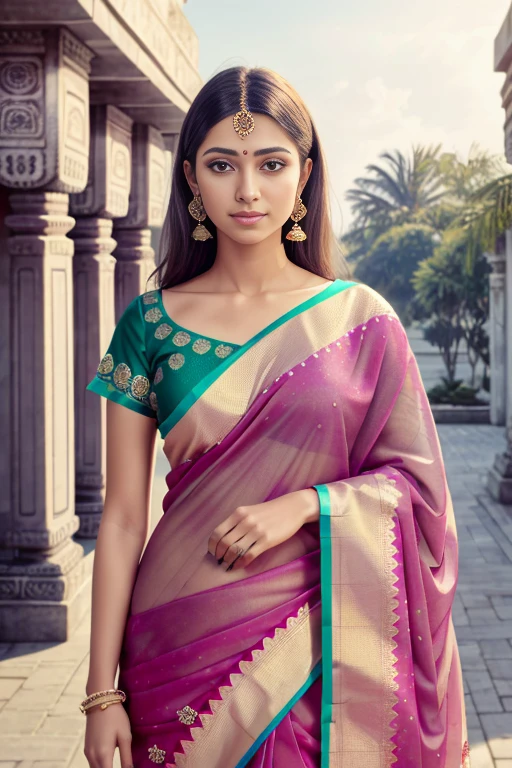 1girl, solo,girl wearing indian saree, pink indian saree,standing, happy , looking at viewer, blue ayes, high quality, absurd res, best quality , shap focus, uhd,8k,realistic, photorealistic, octane render, unreal engine, upper body , dynamic lighting, perfet face, perfect body <lora:saree:0.6>