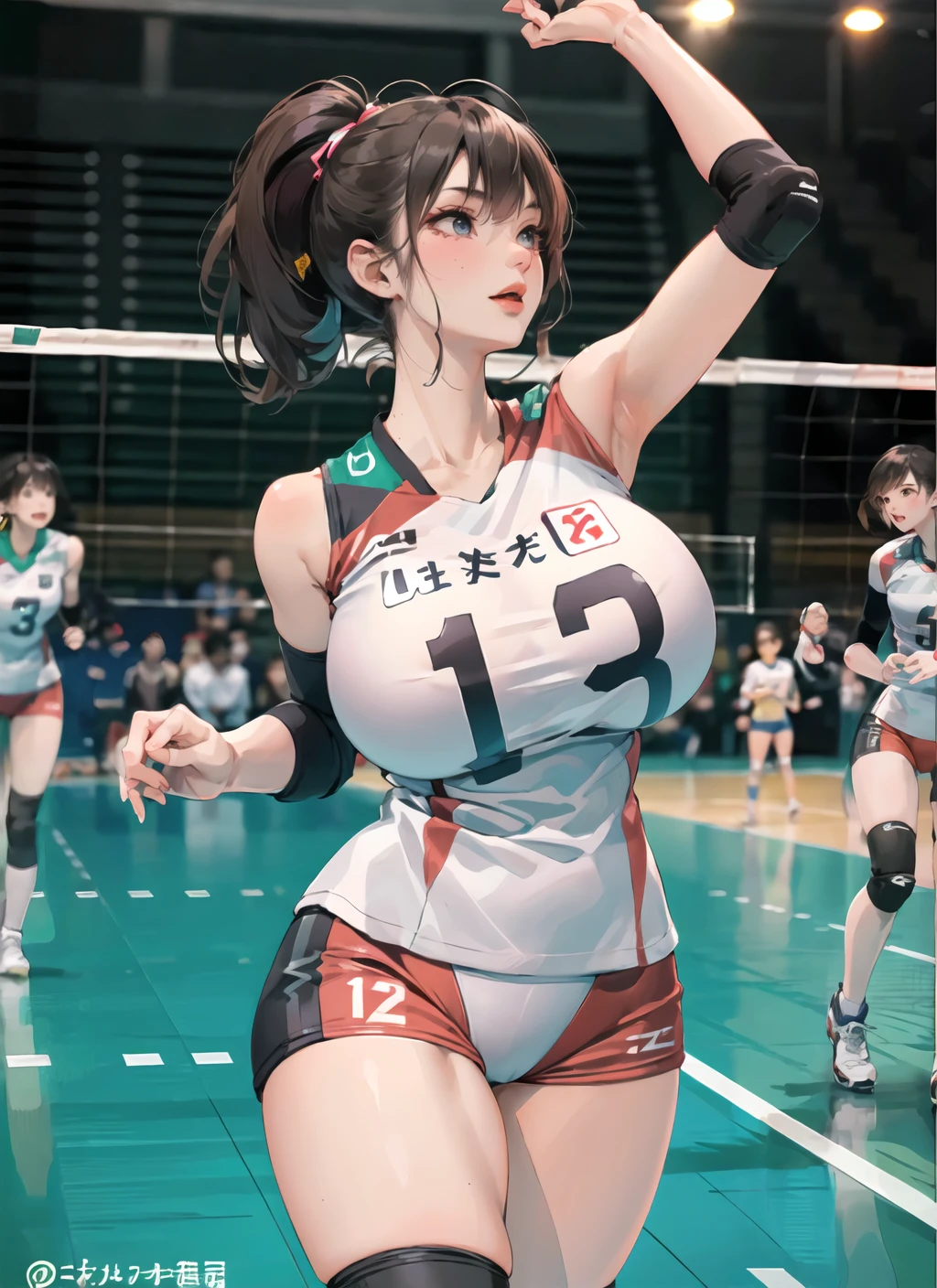 1girl,(dark skin:1.1),volleyball uniform, ,looking up, short hair, running, (gigantic breasts:1.2), skindentation, tall ,narrow waist, thighs, wide hips,eyeliner, eyelashes, perfect face, detailed eyes, indoor stadium, (masterpiece, high quality:1.2)