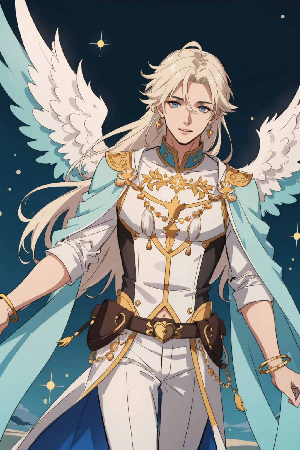masterpiece, best quality, 1 male, adult, handsome, tall muscular guy, thigh focus, pastel color long hair, fantasy, complex pattern, detailed face, angel wings, lens flare, colorful, glow white particles, white robe, gold bracelets and accessories, prism, glowing, glitter, particles, bloom, likes to celebrate and have fun, enjoys nature, bright and optimistic outlook, creative and adventurous spirit, represents happiness and harmony
