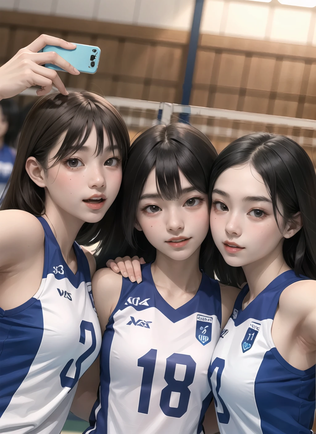multiple girls, group selfie, volleyball uniform,tall, perfect face (masterpiece, high quality:1.2)