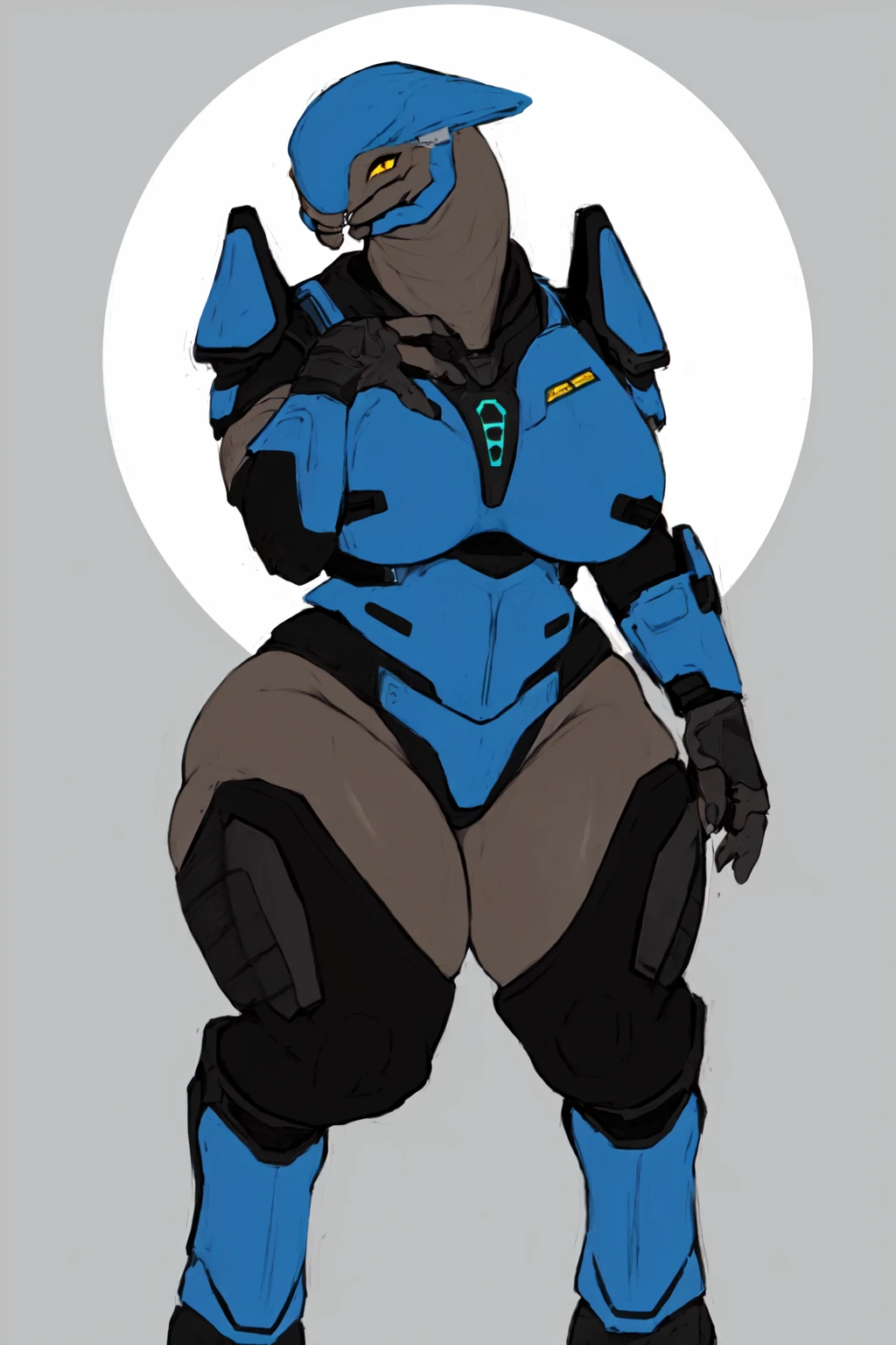 sangheili, anthro, female, solo, halo \(series\), armor, alien, thick thighs, overweight, ((tall)), yellow eyes, looking at viewer, huge breasts