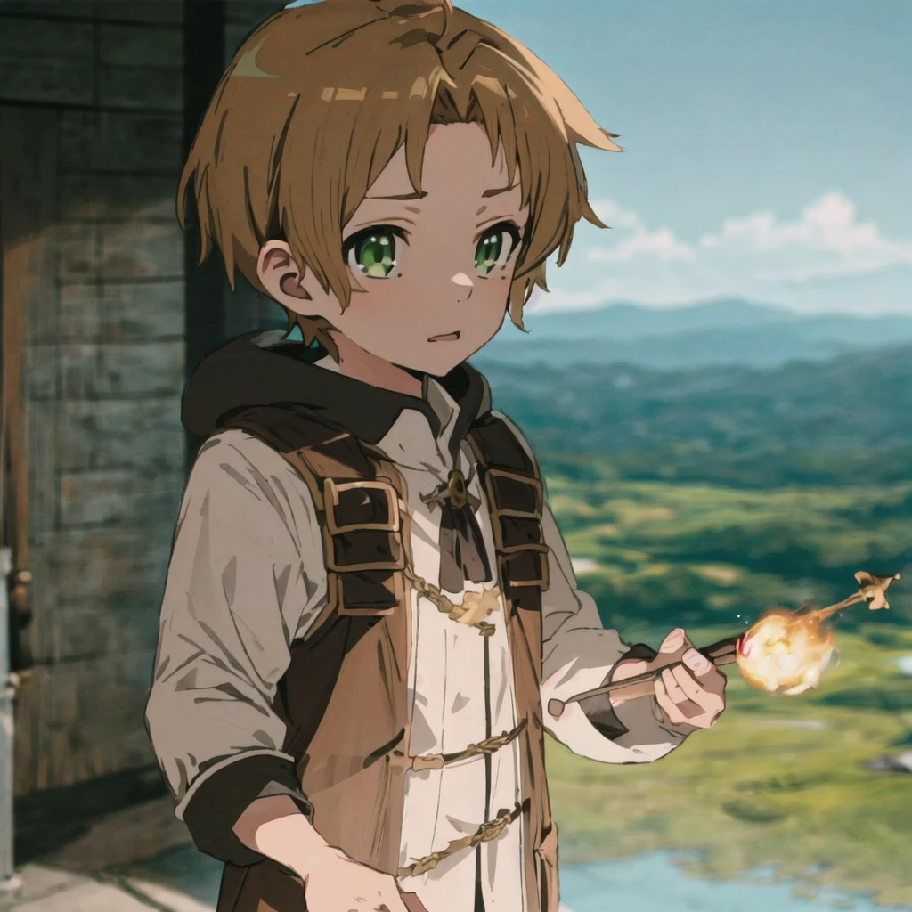 1boy, rudeusg, green eyes, <lora:RudeusGrayrat:1>, (exceptional, best aesthetic, new, newest, best quality, masterpiece, extremely detailed:1.2), magic, mushoku tensei, blonde hair, short hair,