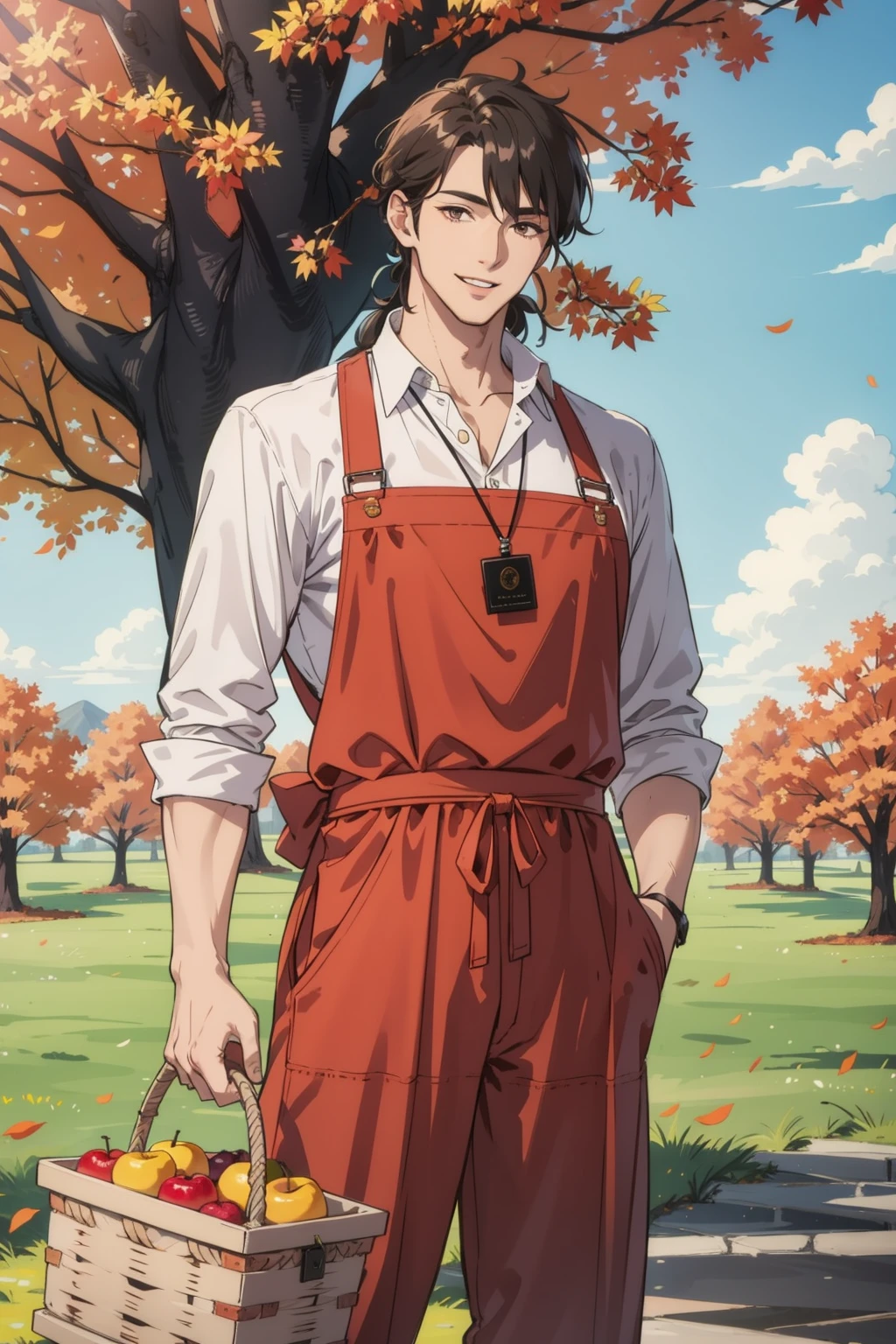 masterpiece, best quality, 1 male, handsome, tall muscular guy, autumn, farm, orchard, fruit trees, sunlight, warm scene, unformal casual clothes, old apron, leather jumpsuit, The man is smiling with a basket full of fruit
