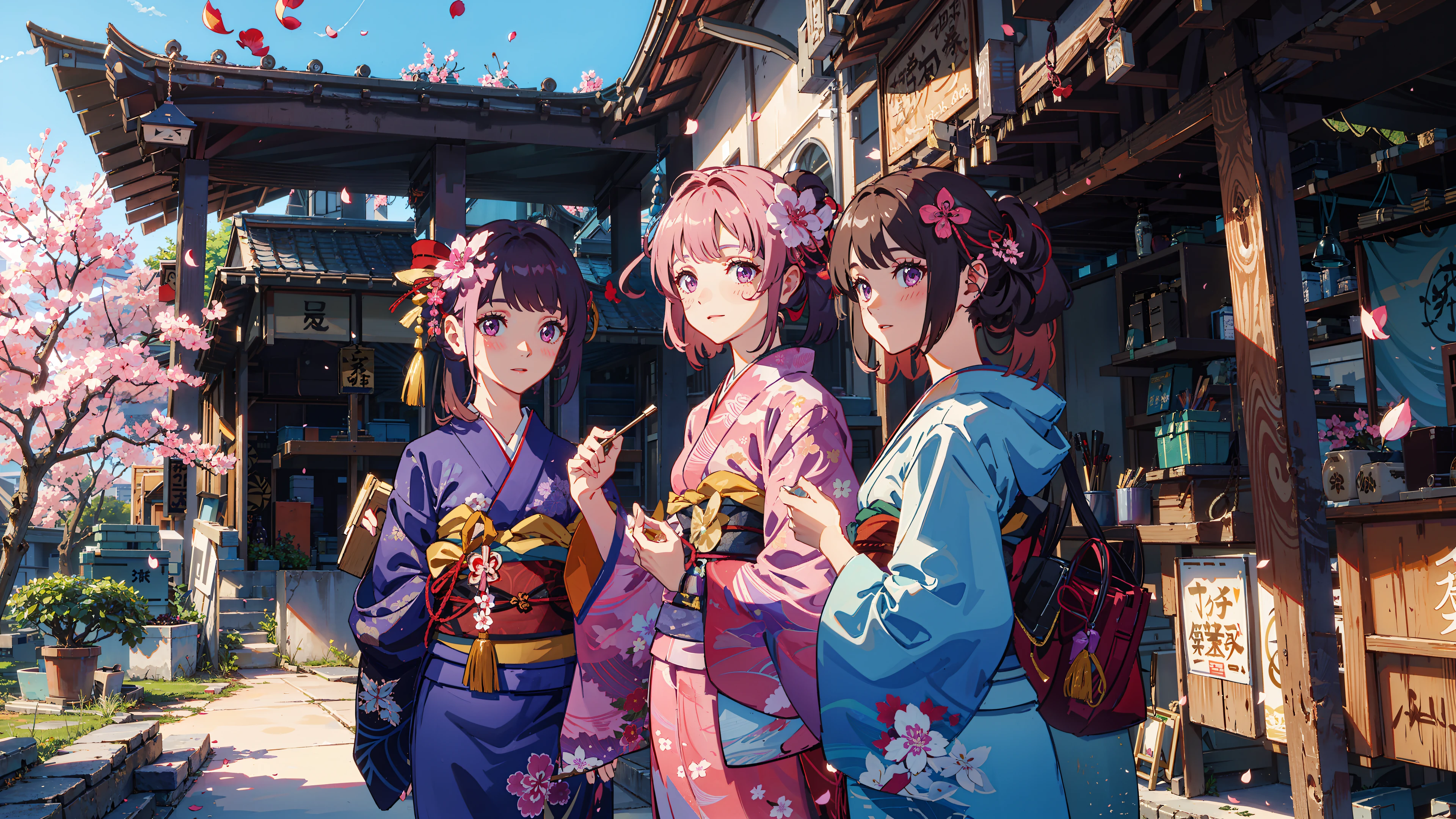 masterpiece, best quality,
3girls, architecture, bag, bangs, blue kimono, blush, brown hair, building, candy apple, cherry blossom print, cherry blossoms, city, dango, east asian architecture, eating, ema, eyebrows visible through hair, floral print, flower, food, hair flower, hair ornament, hamaya, holding, japanese clothes, kimono, kinchaku, long hair, looking at viewer, multiple girls, obi, outdoors, pagoda, petals, pink flower, pink hair, pink kimono, pouch, print kimono, purple eyes, purple kimono, red kimono, sash, shrine, sky, smile, stairs, stone stairs, torii, tree, twintails, wagashi, white kimono, wide sleeves, yukata