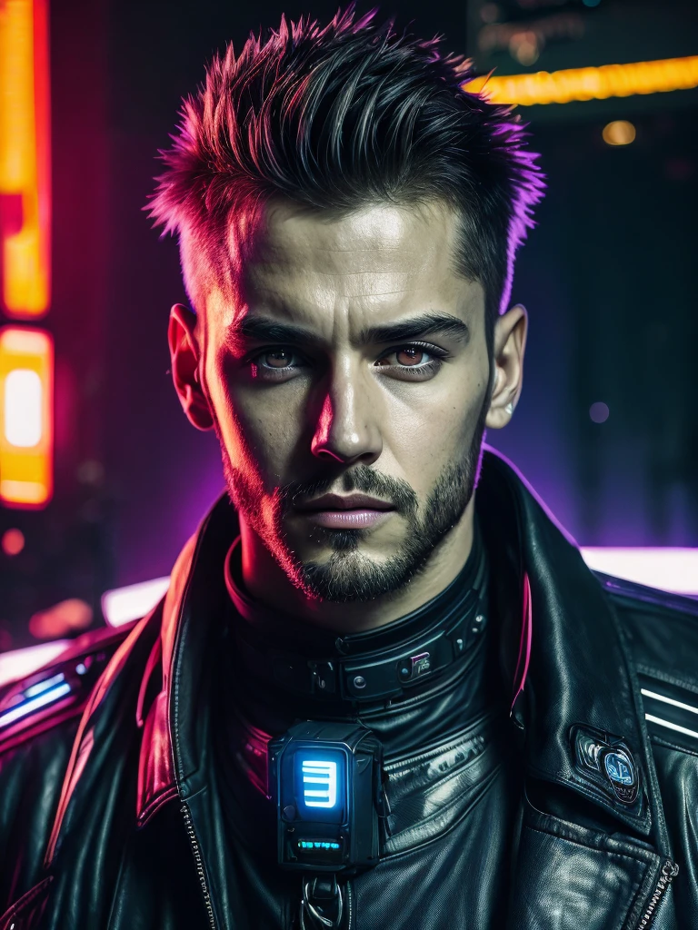 macro crisp quality, close up portraint, of cyberpunk brutal man, in cyberpunk neon room, rough skin, look at a camera, glowing eyes, age 40, cinematic, dimmed colors, dark shot, muted colors, film grainy, lut, spooky