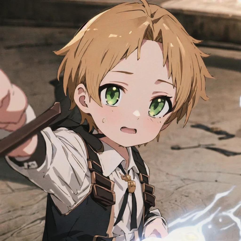 1boy, rudeusg, green eyes, <lora:RudeusGrayrat:1>, (exceptional, best aesthetic, new, newest, best quality, masterpiece, extremely detailed:1.2), magic, mushoku tensei, blonde hair, short hair,