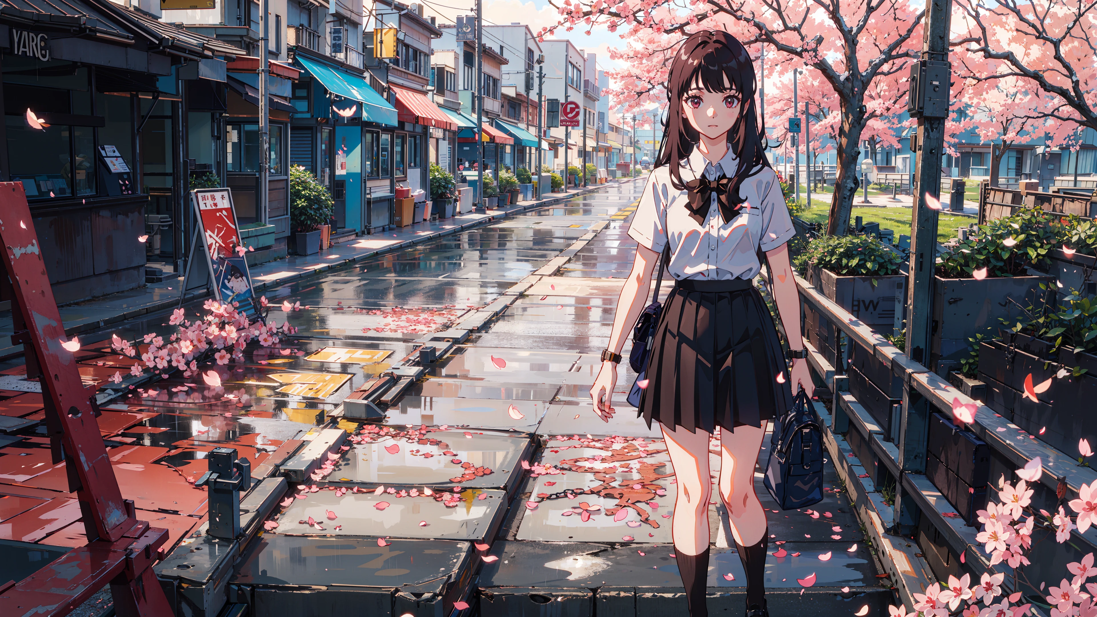 masterpiece, best quality,
1girl, black skirt, branch, building, chain-link fence, cherry blossoms, fence, long hair, outdoors, petals, pleated skirt, rain, shirt, short sleeves, skirt, solo, standing, tree,
sky,street