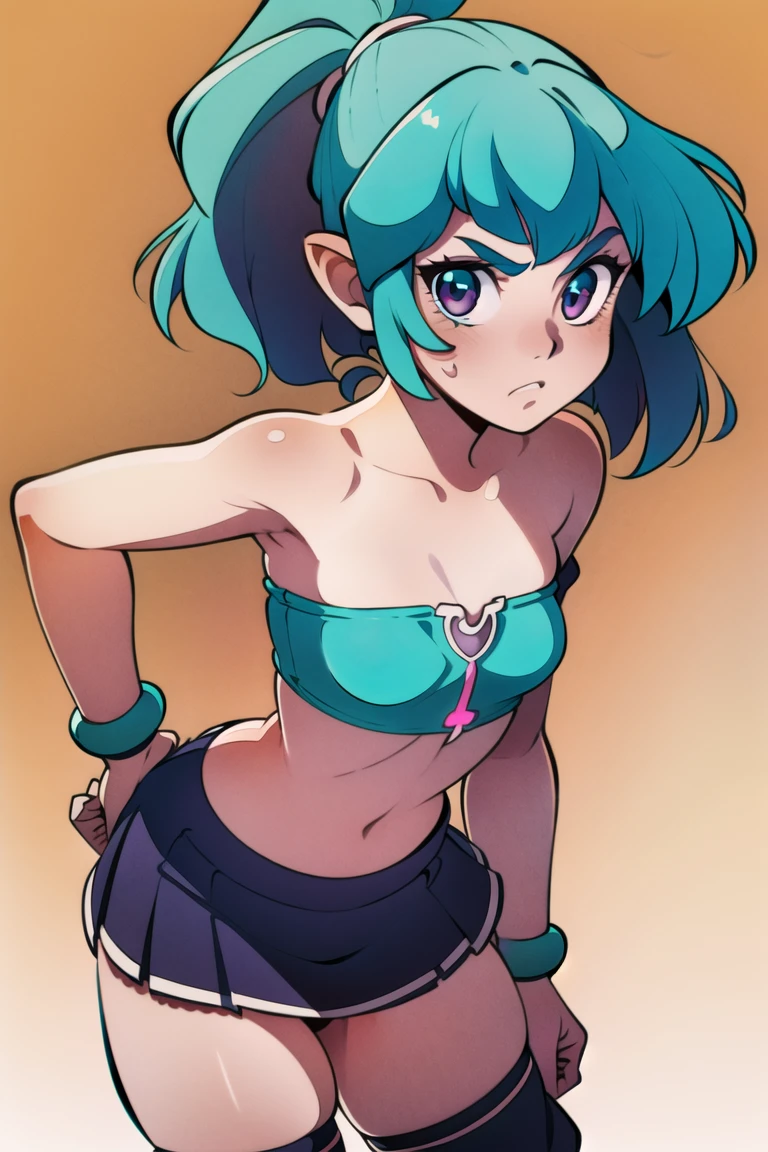 girl, (skimpy:1.2), (Neon,Plain Background:1.4),Skinny,Flat Chest,Leaning Forward,Very Short Hair,Ponytail,(silver Tube Top,cyan Skirt:1.3),Yu-Gi-Oh,Priest ,(masterpiece,detailed,highres:1.4) <lora:contact:0.9>