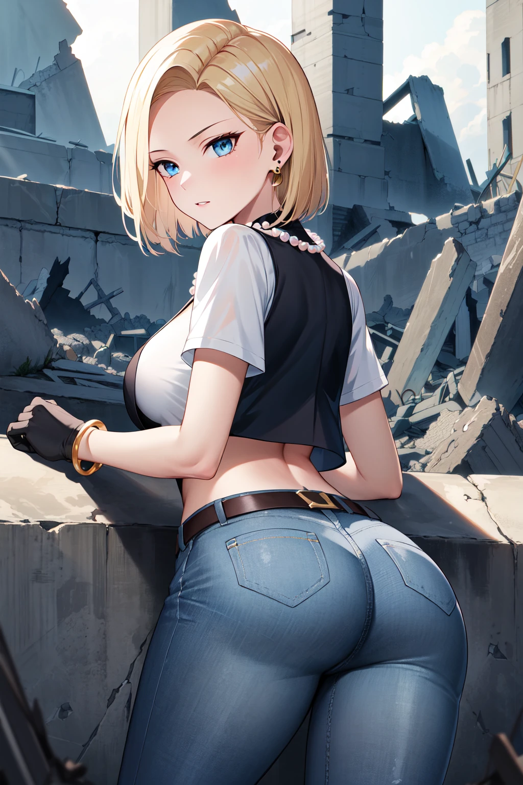 best quality, highres, and18, 1girl, android 18, solo, blue eyes, blonde hair, belt, jeans, pearl_necklace, bracelet, black gloves, white shirt, short hair, short sleeves, earrings, blue pants, open vest, black vest, large breasts, <lora:android_18_v110:0.5>, (ruins:1.3), lying, from behind, ass,