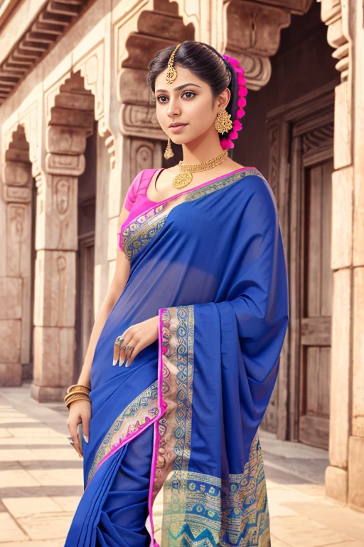 1girl, solo,girl wearing indian saree, pink indian saree,standing, happy , looking at viewer, blue ayes, high quality, absurd res, best quality , shap focus, uhd,8k,realistic, photorealistic, octane render, unreal engine, upper body , dynamic lighting, perfet face, perfect body <lora:saree-000002:0.8>
