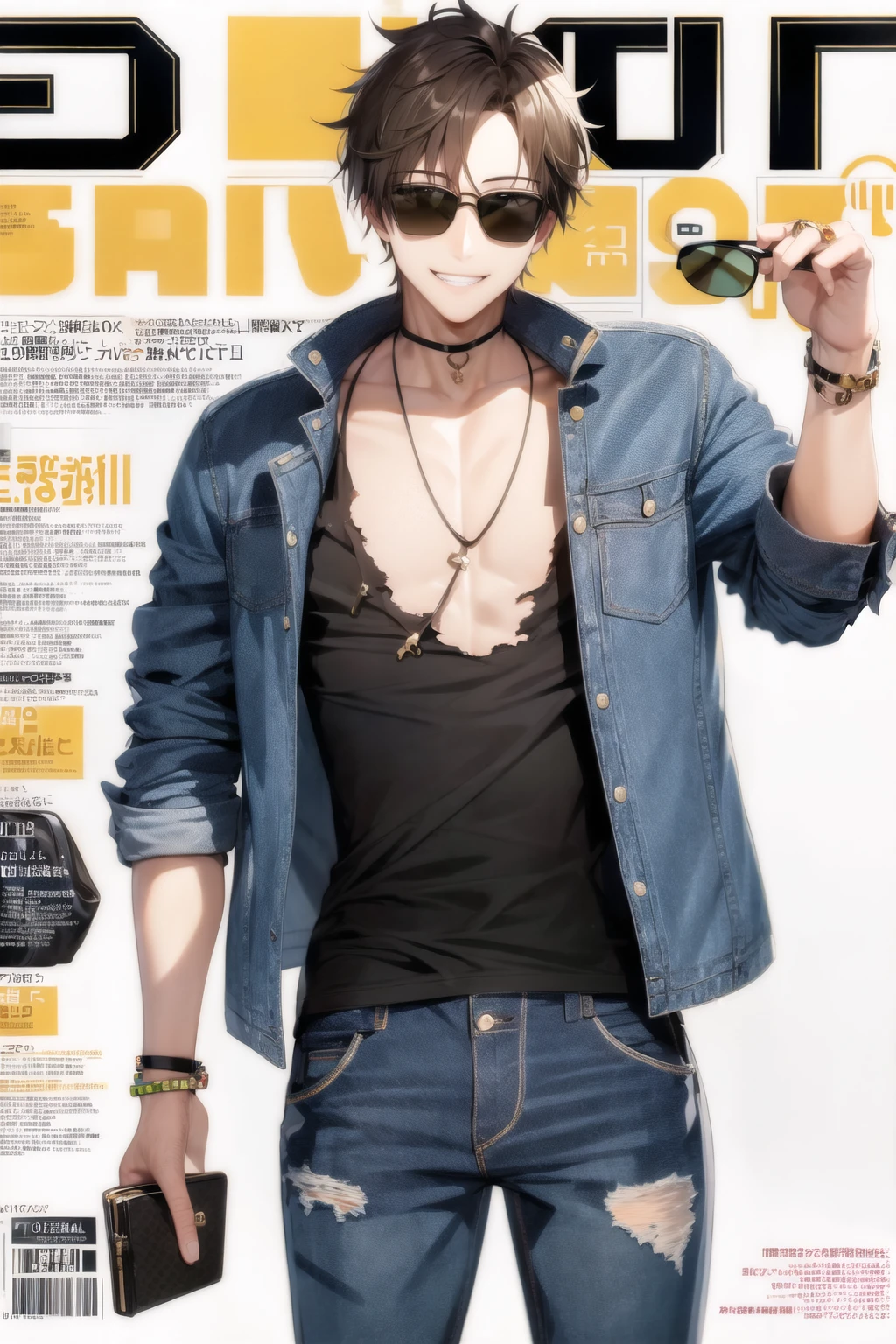 magazine cover, 1boy, sunglasses, smile, <lora:Magazine-10:0.6>, torn jeans, unbuttoned shirt