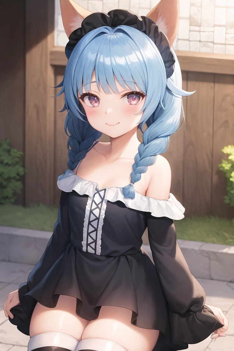 1girl, <lora:ElinDressLeg-000010:0.8>, elin, twin braids, hair over shoulder, white thighhighs, blue hair, black dress, smile, off shoulder,